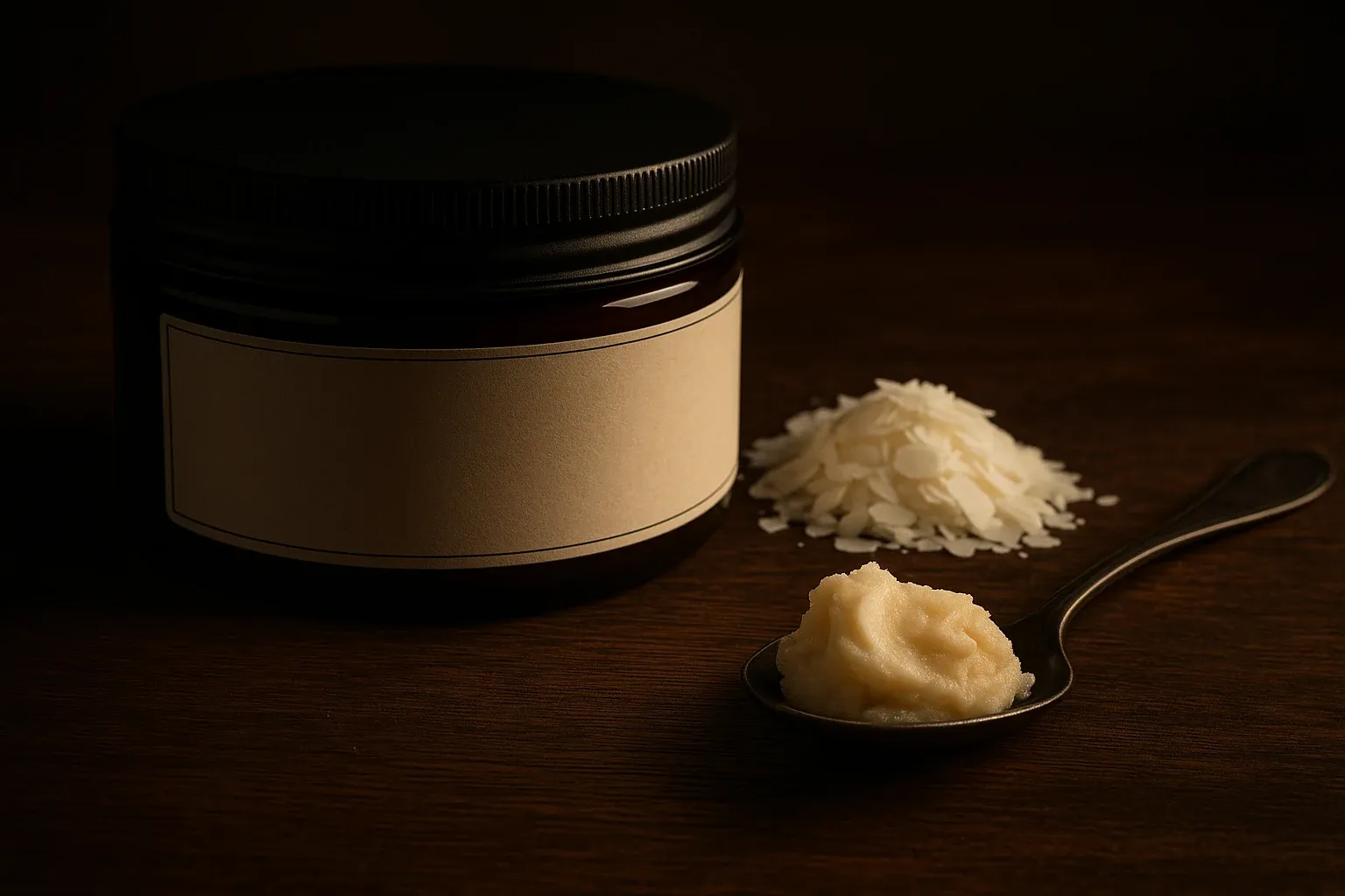 Close-up of a shaving soap tub turned to show its ingredient label beside a small pile of white stearic acid flakes and a spoon of soft tallow on a dark counter, moody warm lighting