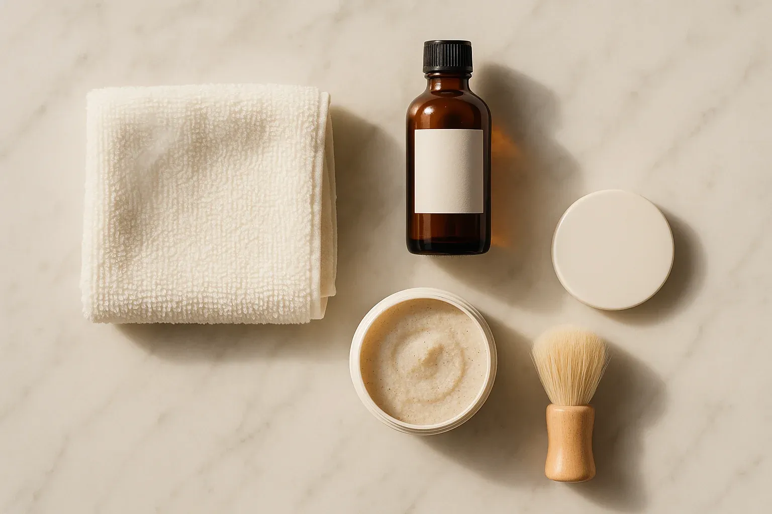 Overhead flat lay of ingrown hair care items on marble: a folded washcloth, an amber bottle with a blank label, an open tub of exfoliating scrub, and a soft facial brush.