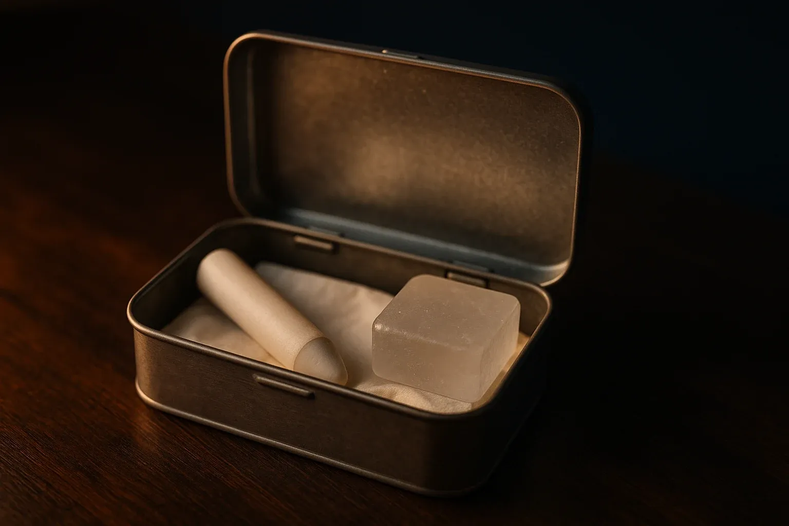 An open metal first aid style tin holding a white styptic pencil, a translucent alum block, and a folded piece of tissue on a dark counter, moody side lighting