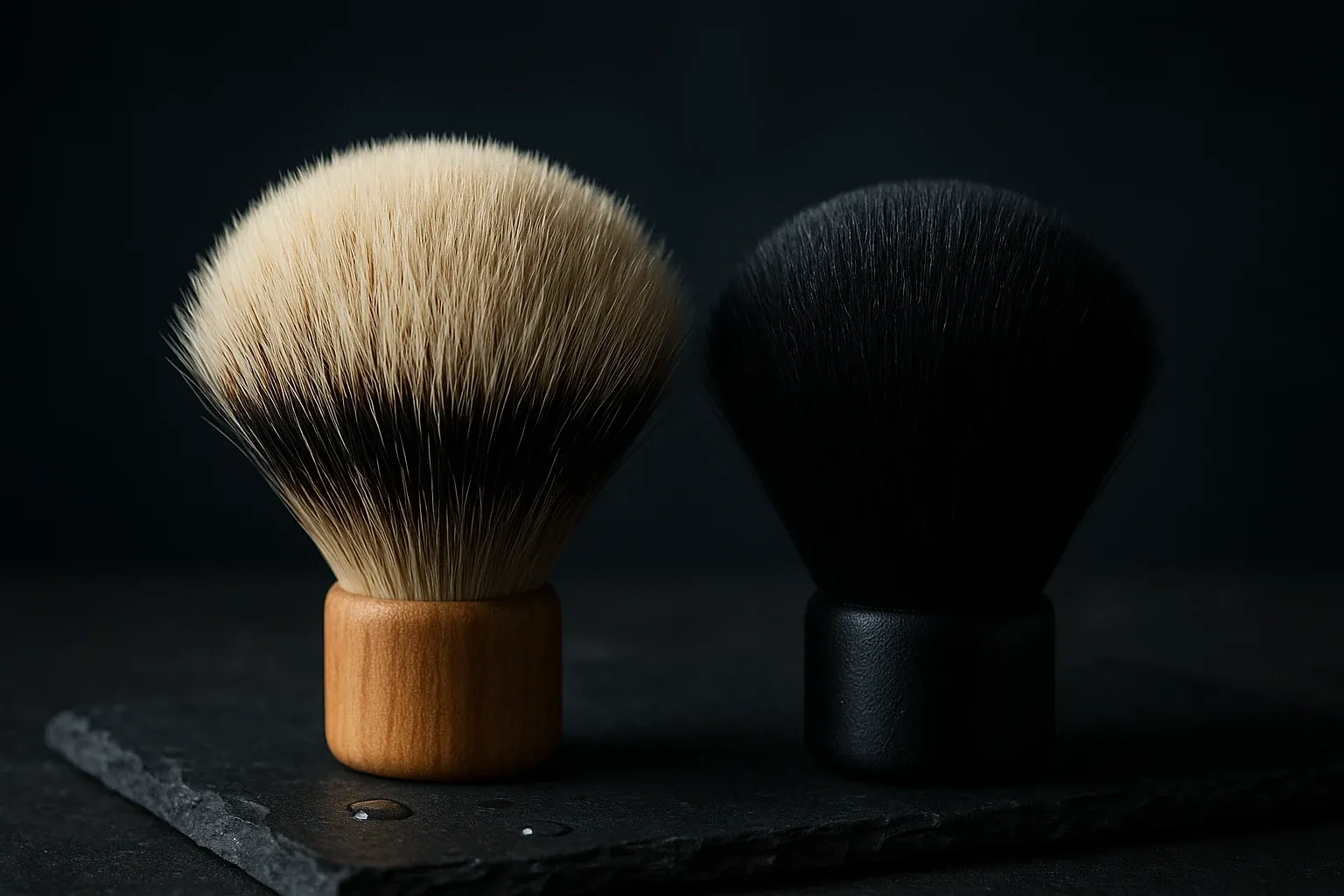 Macro close-up of two shaving brush knots side by side on dark slate, a cream-tipped silvertip badger knot on the left and a dense black synthetic fiber knot on the right