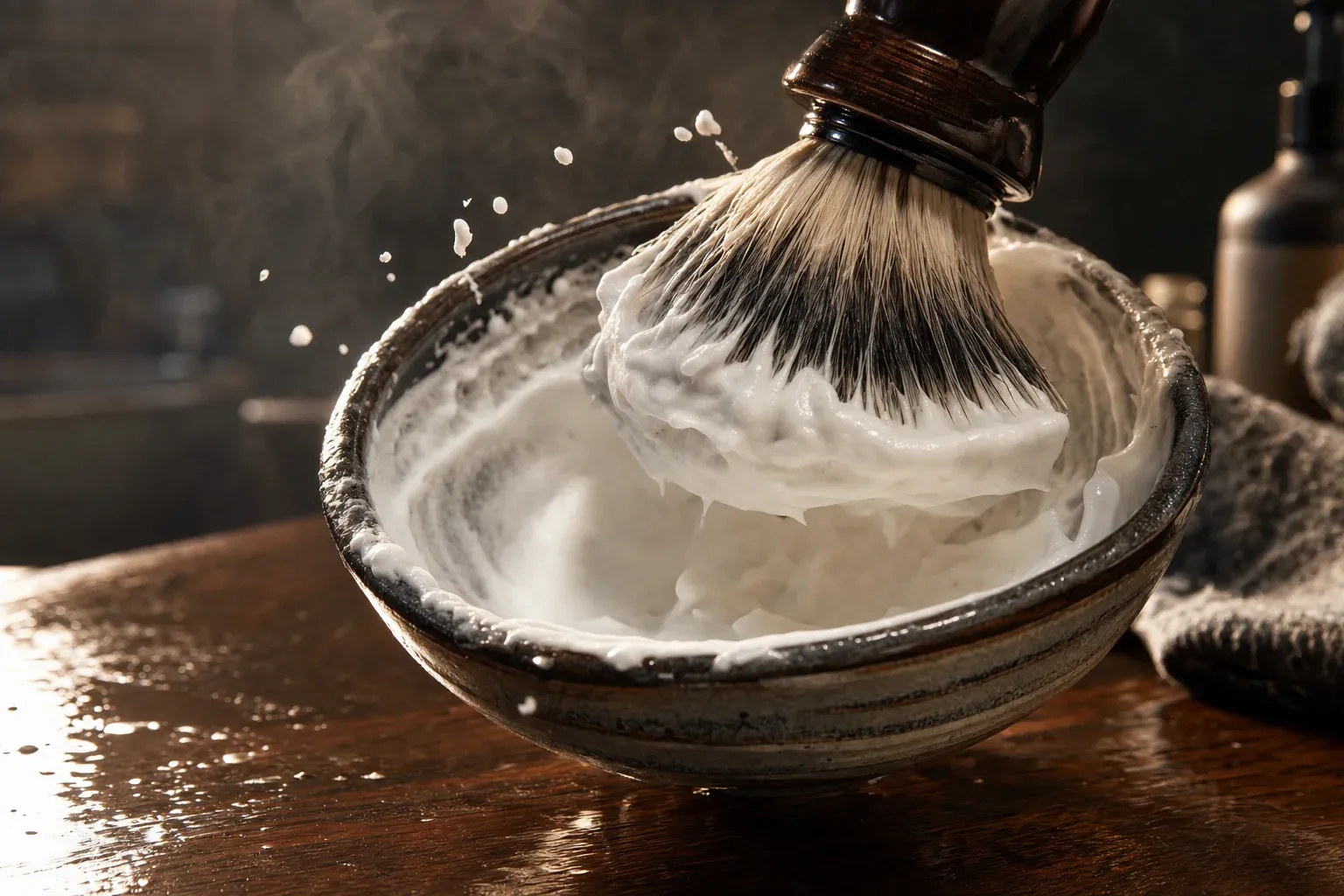 A badger brush mid-swirl in a ceramic bowl, thick wet white lather climbing the bristles and bowl walls with a few flecks caught in the air, steam in the background