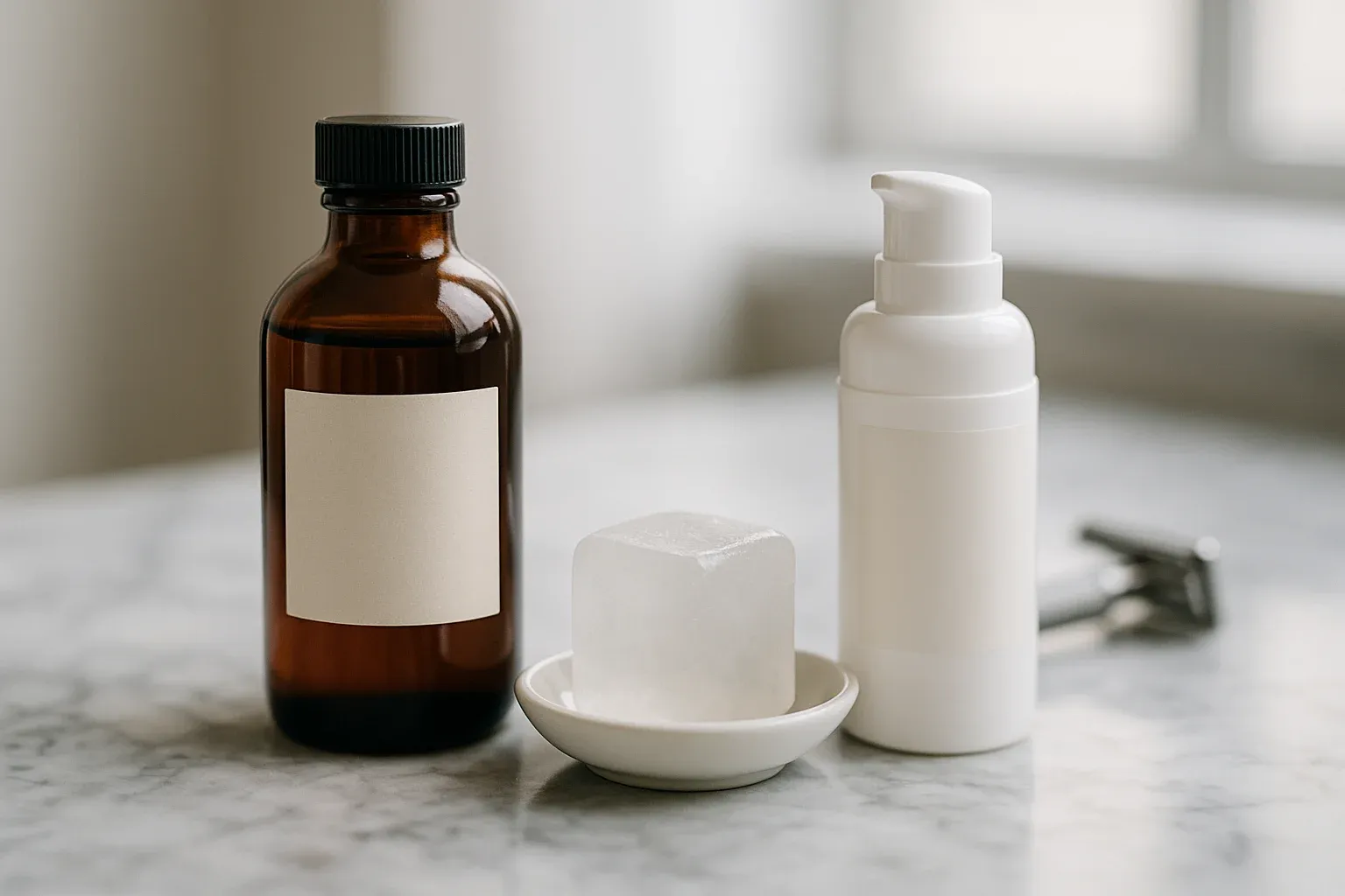 A row of post shave products on a marble counter: an amber witch hazel bottle, a translucent alum block on a small dish, and a white balm bottle.