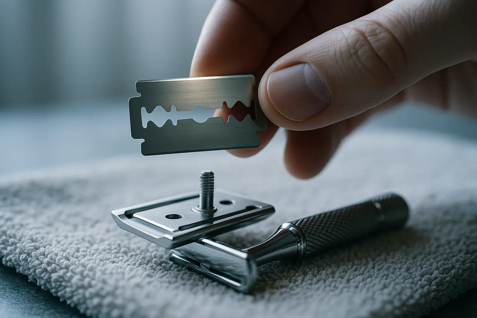 Fingertips holding a fresh double edge blade by its short ends above an open three piece razor on a towel.