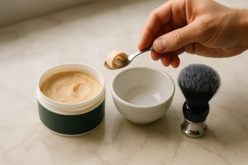 A hand lifting a curl of shaving soap out of a tub with a small scoop, next to an empty lather bowl and a synthetic shaving brush.