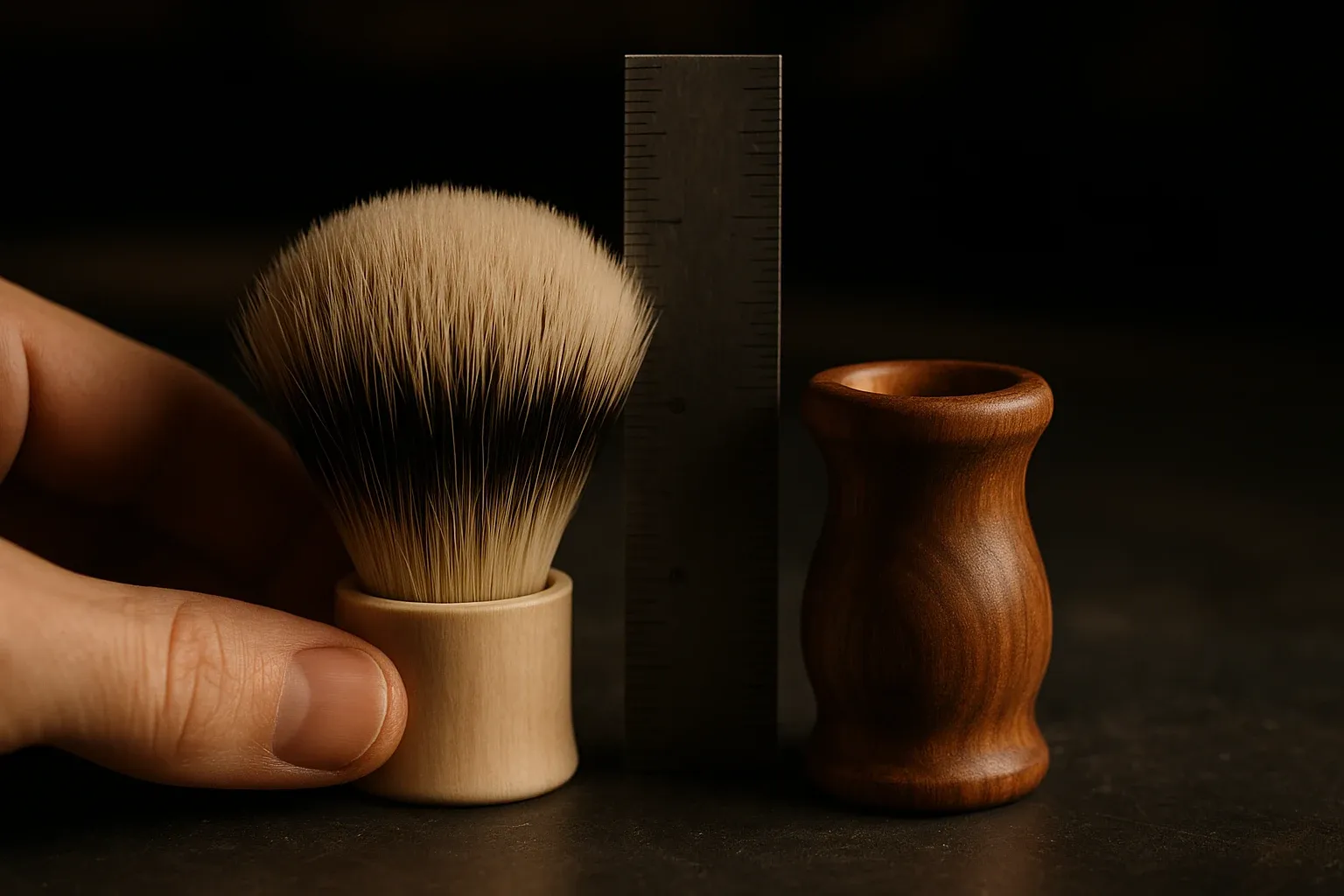A shaving brush knot held beside a handle with a steel ruler measuring the loft height above the rim, close up on a dark workbench