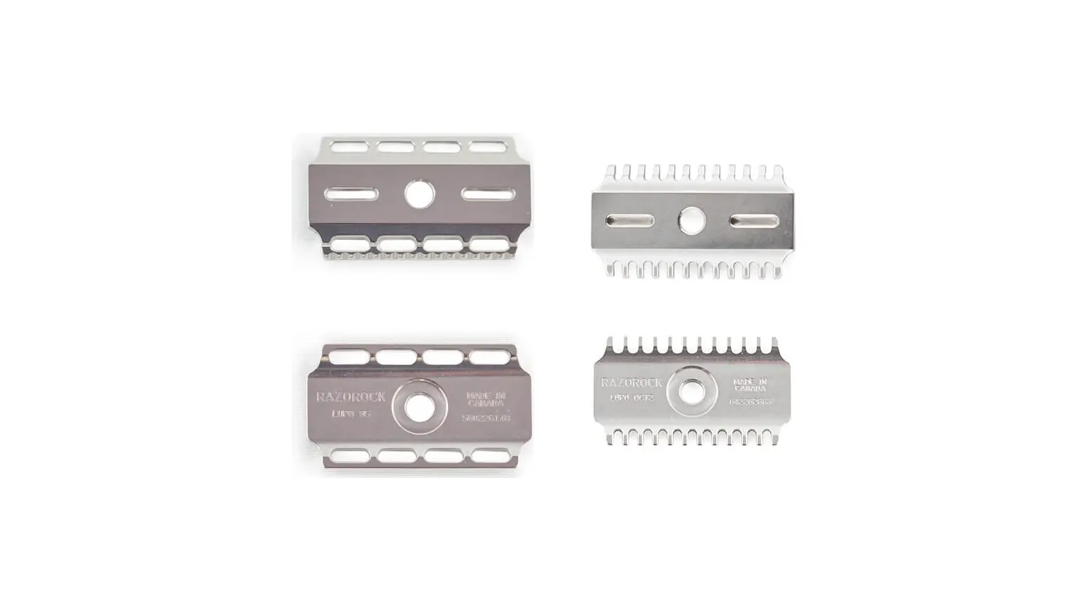 RazoRock Lupo 95 solid bar base plate beside the Lupo Open Comb 72 base plate, both stainless and engraved made in Canada.