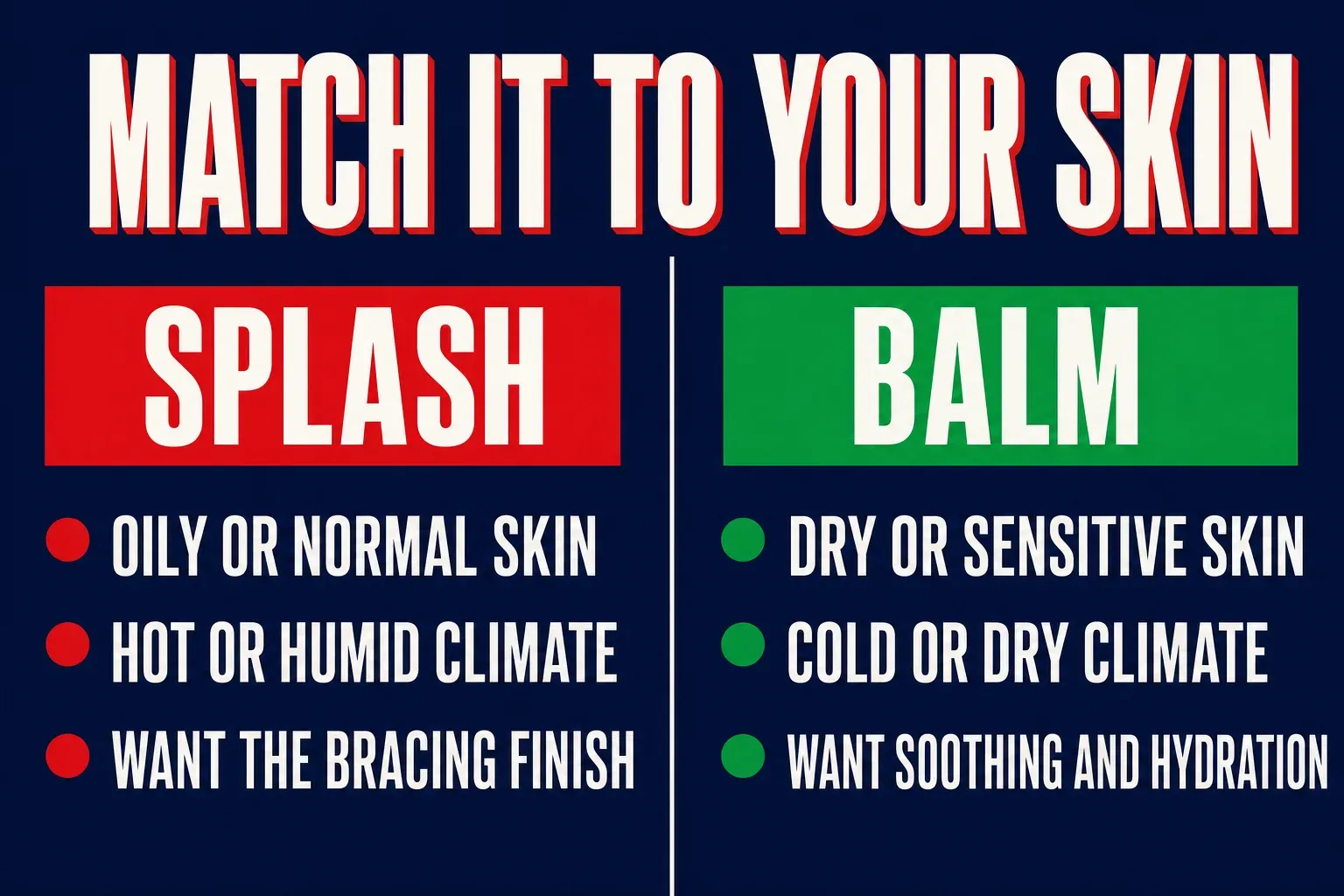 A two-column matching infographic titled MATCH IT TO YOUR SKIN on a deep navy background, left column a red header SPLASH with lines reading OILY OR NORMAL SKIN, HOT OR HUMID CLIMATE, WANT THE BRACING FINISH, right column a green header BALM with lines reading DRY OR SENSITIVE SKIN, COLD OR DRY CLIMATE, WANT SOOTHING AND HYDRATION, bone-white text with red and green accents, no identifiable face