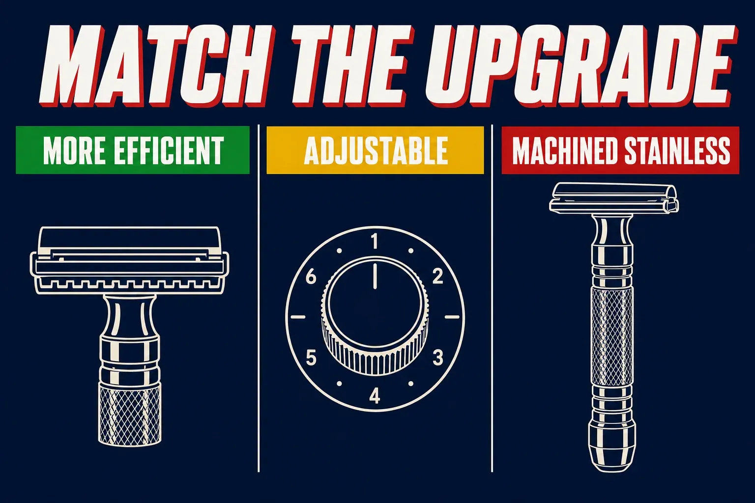 A three-column matching infographic titled MATCH THE UPGRADE on a deep navy background, column one green header MORE EFFICIENT with an icon of a razor head, column two yellow header ADJUSTABLE with an icon of a dial, column three red header MACHINED STAINLESS with an icon of a solid handle, clean editorial icons, no identifiable face