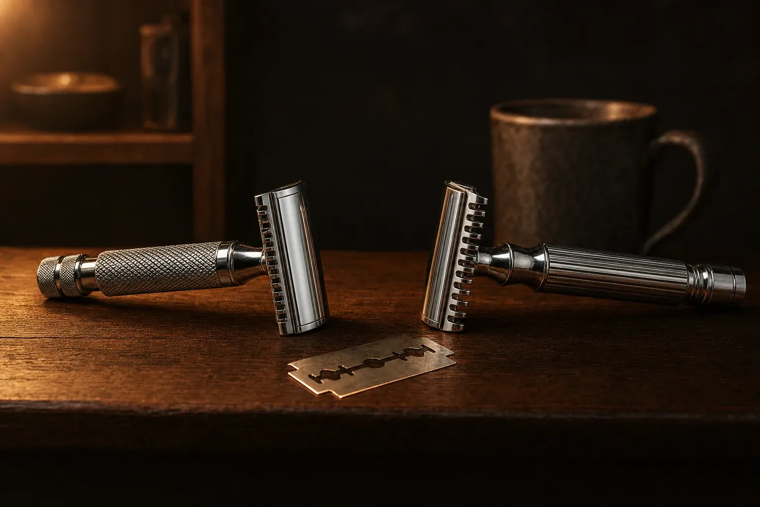 Two chrome double-edge safety razors side by side in profile on a dark wood counter, a mild closed-comb three-piece on the left and an aggressive open-comb vintage razor on the right, a single fresh DE blade laid at a 45-degree angle in the foreground between them, warm cinematic lighting