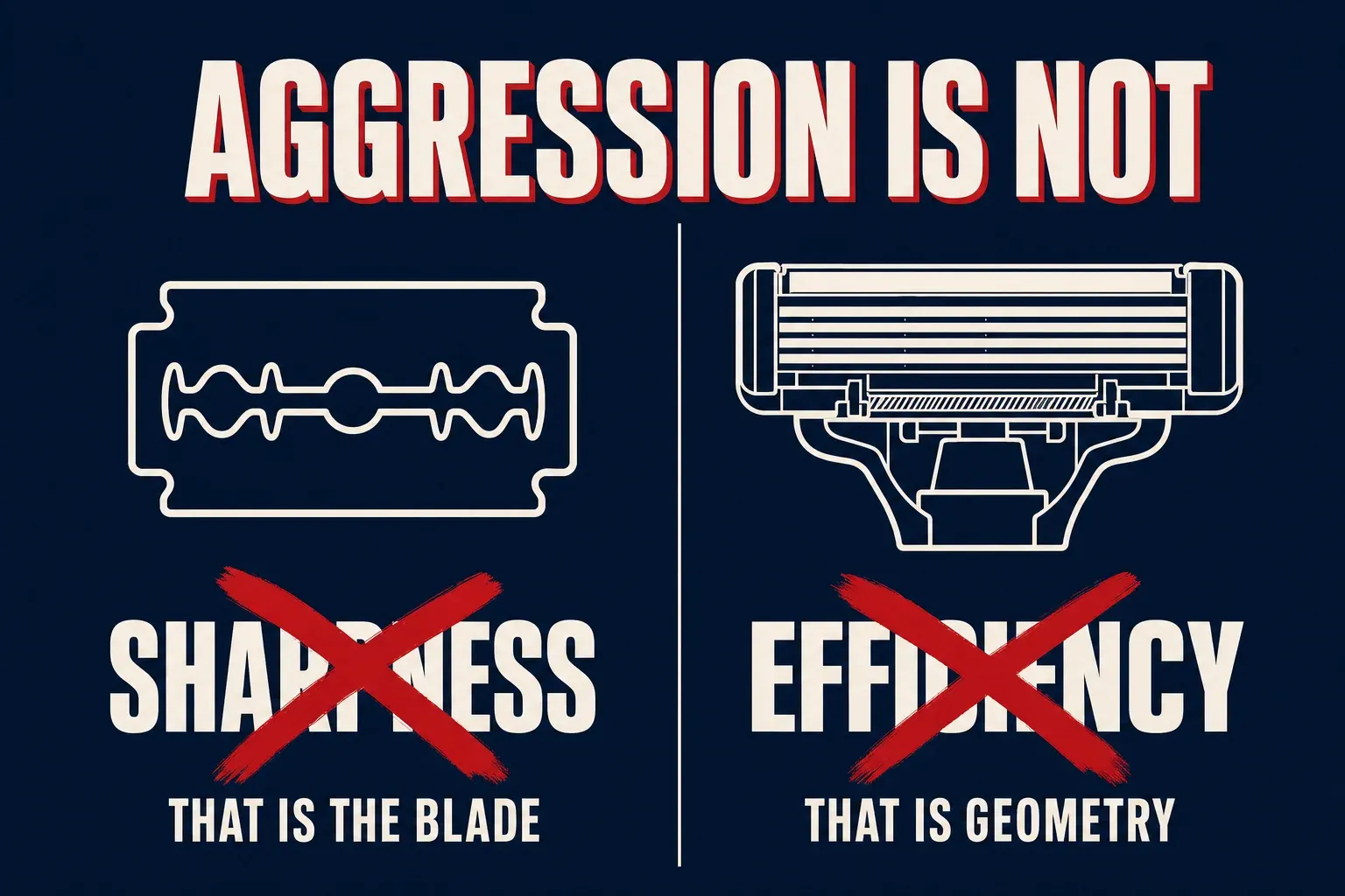 A two-panel comparison infographic on a deep navy background titled AGGRESSION IS NOT, left panel a red X over the word SHARPNESS with a small blade icon and the caption THAT IS THE BLADE, right panel a red X over the word EFFICIENCY with a razor-head icon and the caption THAT IS GEOMETRY, bone-white text with red accents, no identifiable face