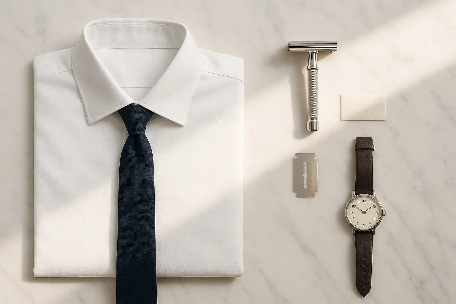 Overhead flat lay on marble of a folded white dress shirt with a navy tie, a chrome safety razor, a fresh blade, and a wristwatch in morning light.