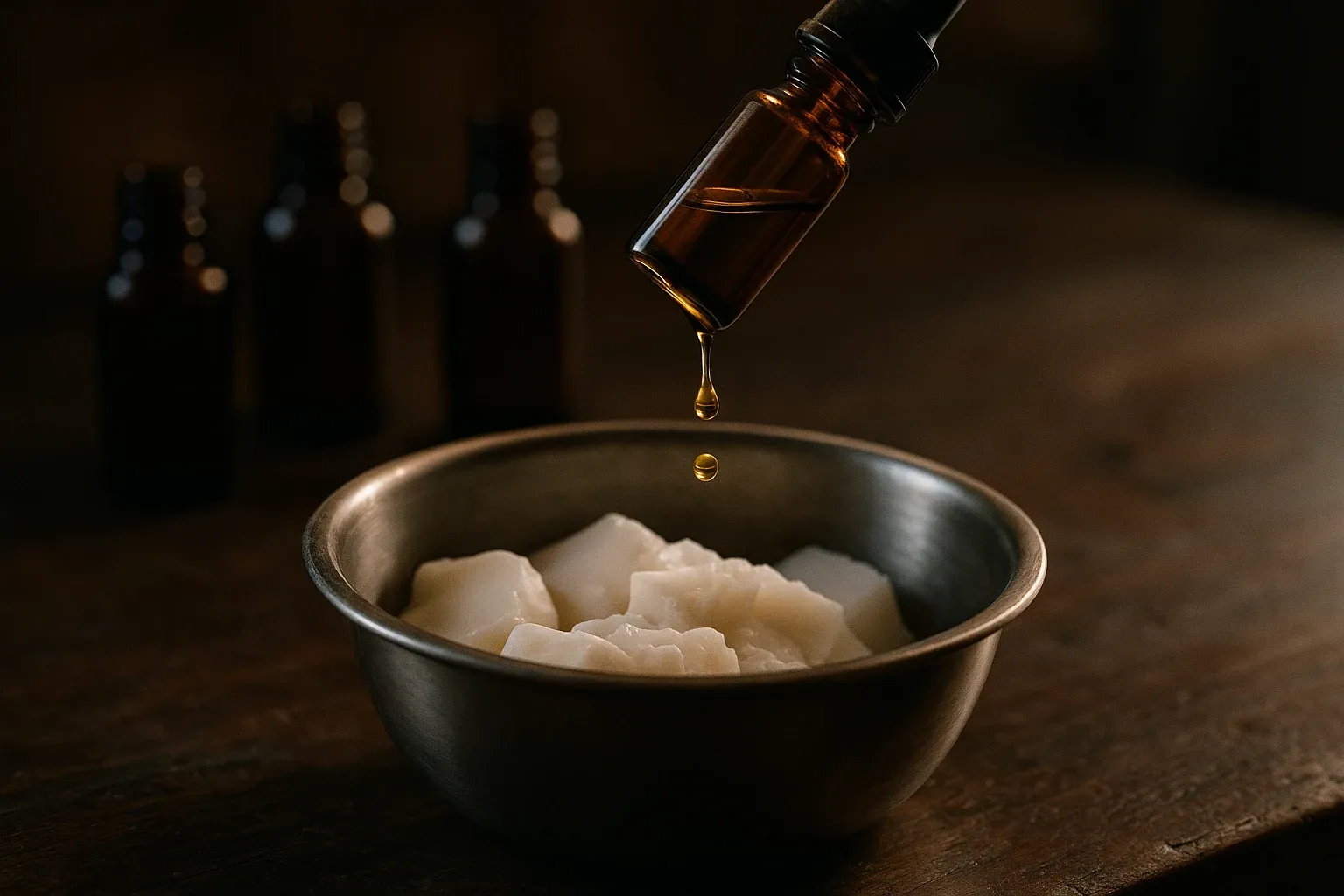 A small amber fragrance oil bottle dripping golden oil into a stainless mixing bowl of white soap base on a dark workbench, warm side lighting