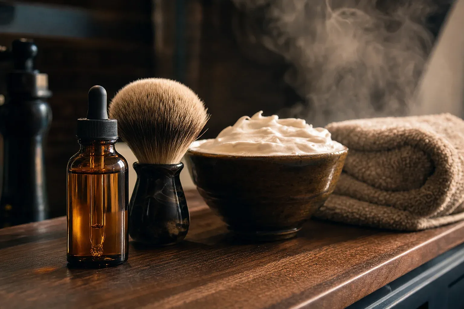A prep sequence on a walnut counter, an amber pre-shave oil bottle in sharp focus in front of a badger brush and a ceramic bowl piled with lather, a steaming towel rolled behind them, suggesting oil first then lather