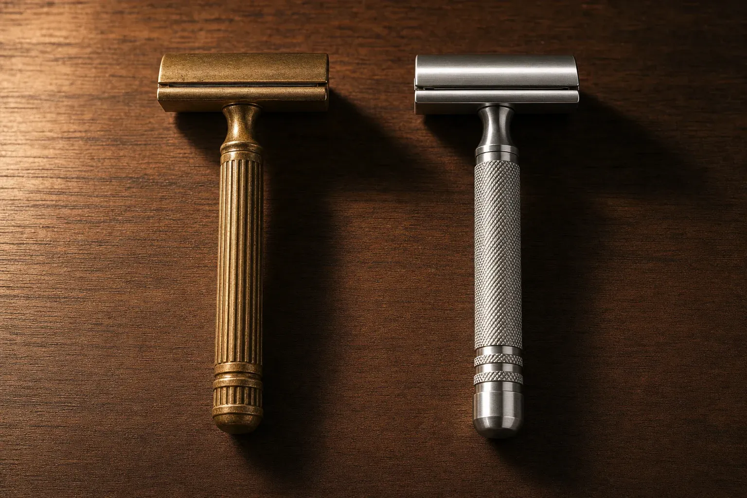 A patinated brass vintage safety razor lying beside a freshly machined stainless razor on a dark walnut counter, showing the wear difference.