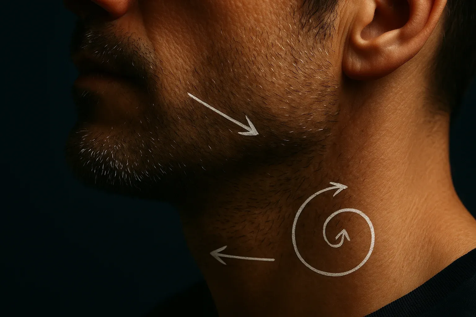 Close-up of a man's jaw and neck marked with subtle white arrows showing hair growth direction swirling in different directions on the neck, dark moody lighting, no face visible above the jawline