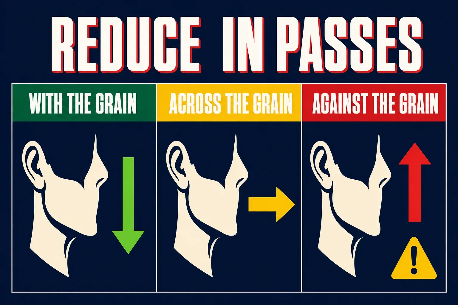 A three-step infographic titled REDUCE IN PASSES on a deep navy background, step one a green banner WITH THE GRAIN with a downward arrow, step two a yellow banner ACROSS THE GRAIN with a sideways arrow, step three a red banner AGAINST THE GRAIN with an upward arrow and a small caution mark, each with a bone-white cheek icon, no identifiable face