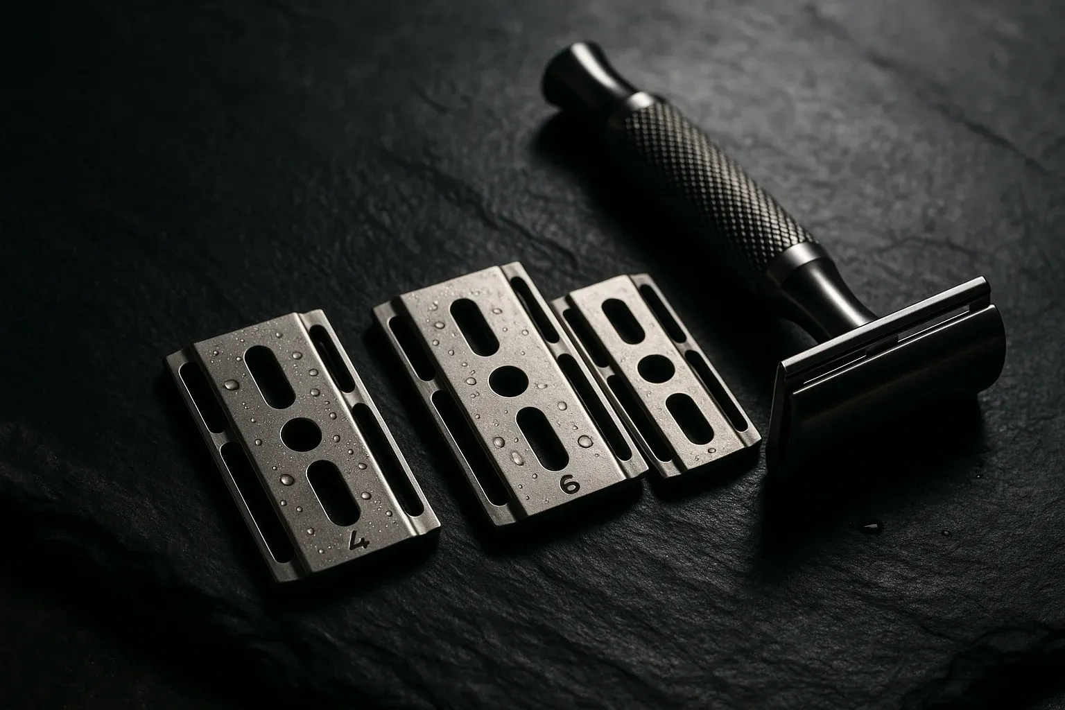Three metal razor baseplates stamped with different numbers laid in a row beside an assembled safety razor on dark slate.