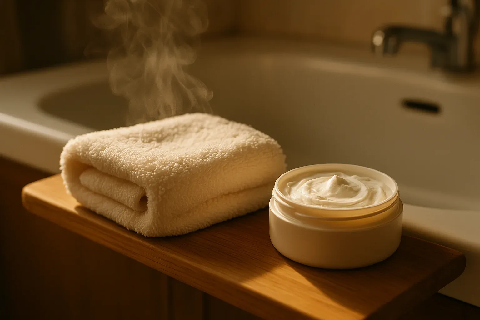A warm damp towel folded beside an open tub of pre shave cream on a wooden bath tray with steam rising.