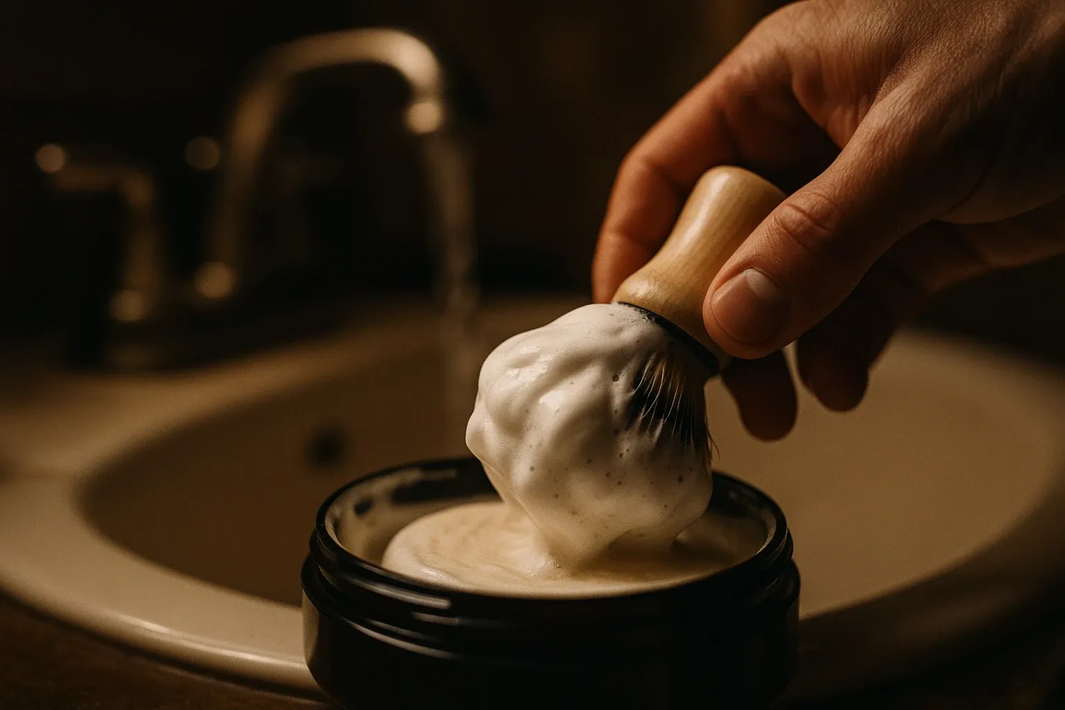 A hand loading a shaving brush on a soap puck inside an open tub, thick lather building on the brush tips, with a faucet running in the warm blurred background