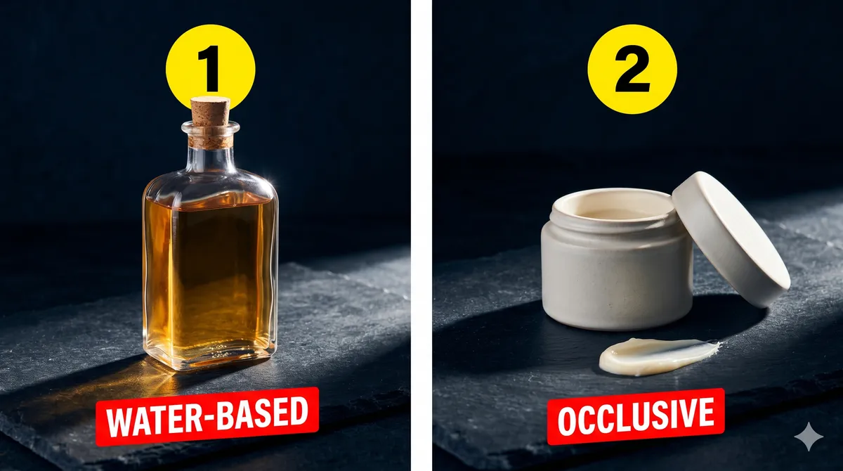 Split-screen graphic, an amber glass aftershave splash bottle labeled WATER-BASED on the left and a ceramic balm jar labeled OCCLUSIVE on the right, numbered 1 and 2 against a dark moody background