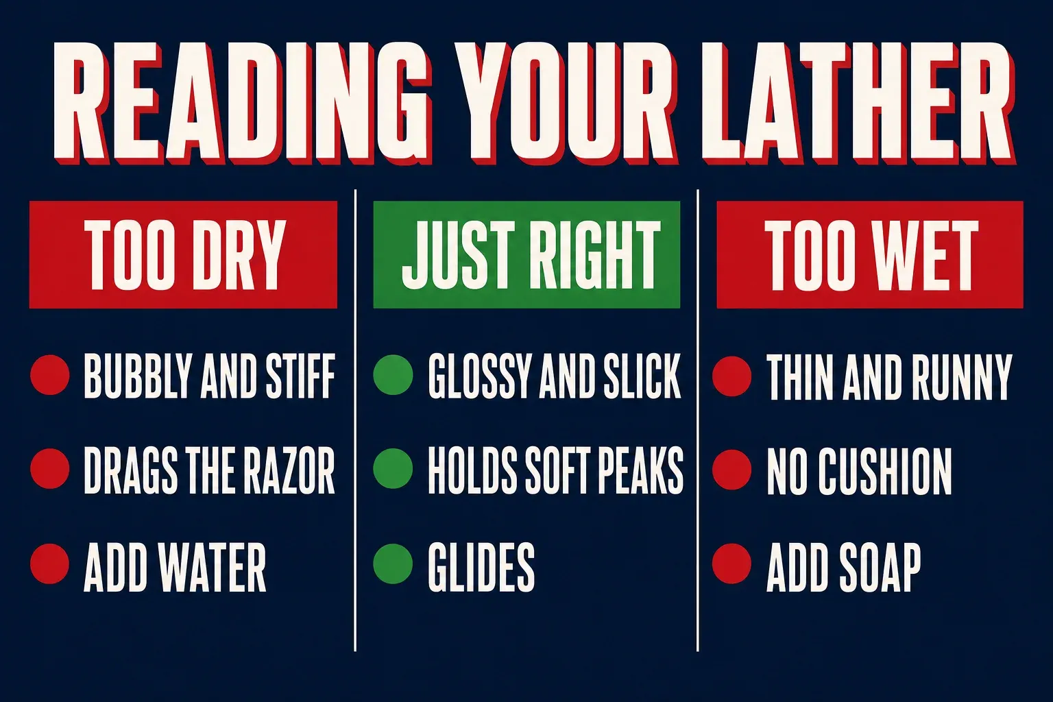 A three-column diagnostic infographic titled READING YOUR LATHER on a deep navy background, column one a red header TOO DRY with lines reading BUBBLY AND STIFF, DRAGS THE RAZOR, ADD WATER, column two a green header JUST RIGHT with lines reading GLOSSY AND SLICK, HOLDS SOFT PEAKS, GLIDES, column three a red header TOO WET with lines reading THIN AND RUNNY, NO CUSHION, ADD SOAP, no identifiable face