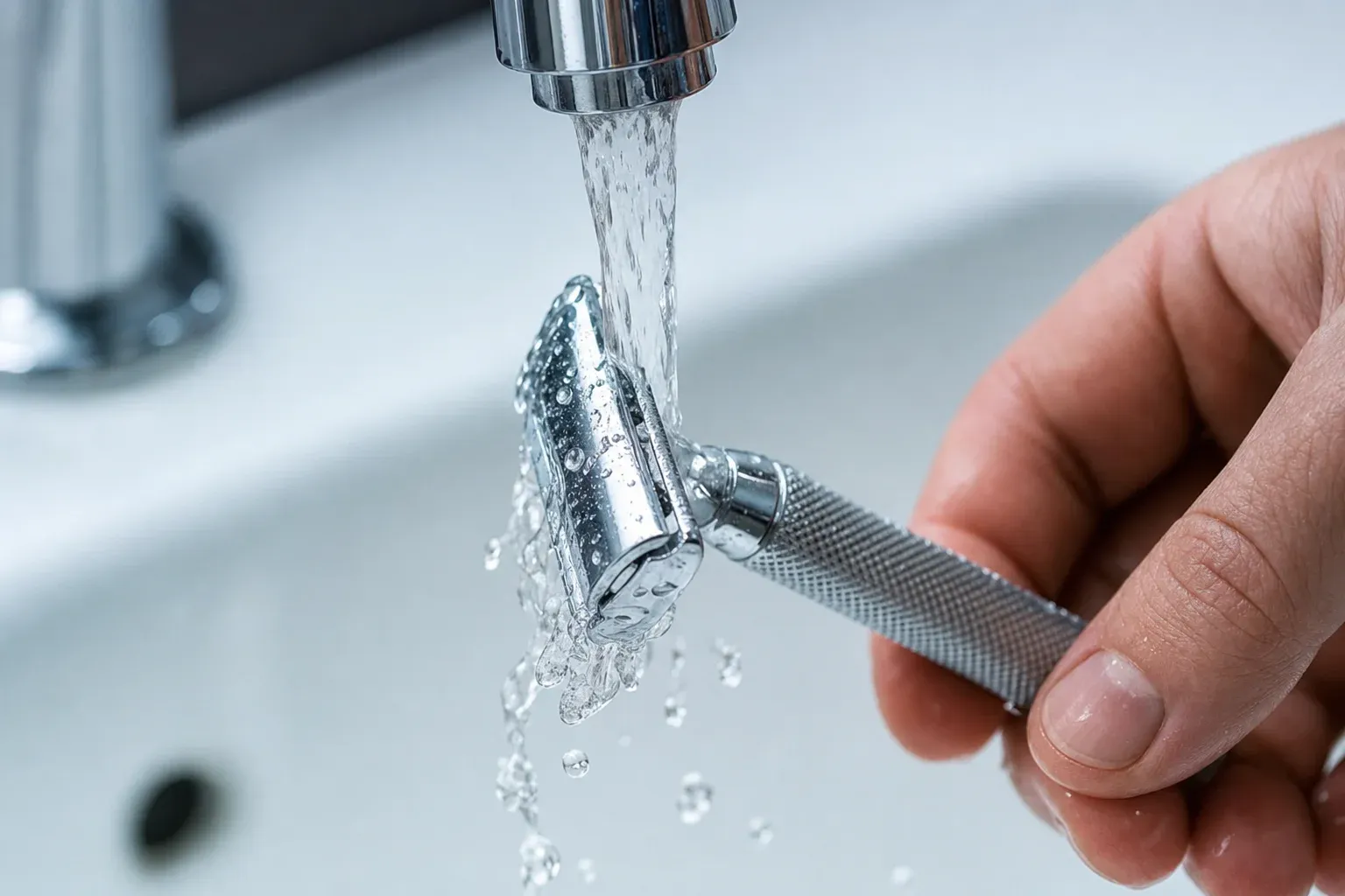 A hand rinsing a chrome double-edge safety razor under a running faucet, water streaming over the head and beading off as lather washes away over a porcelain sink