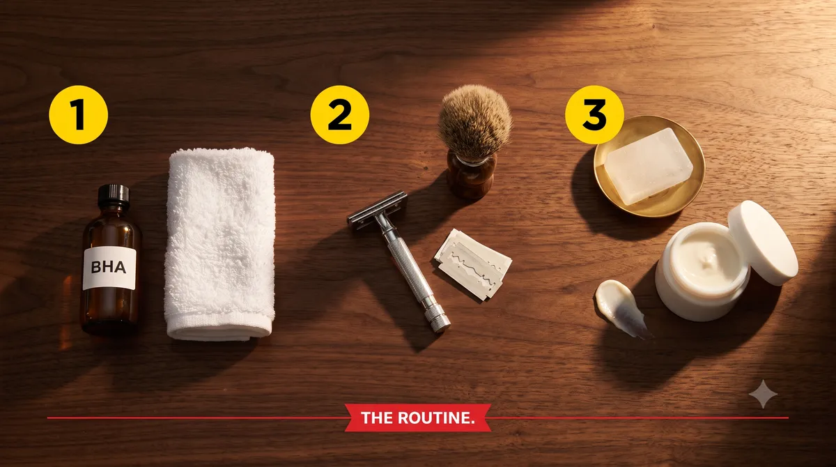 Overhead flatlay on a dark walnut counter under warm side-light, showing three product groupings in a horizontal row tagged with yellow number badges. Group 1, an amber BHA bottle beside a folded white hot towel. Group 2, a chrome DE safety razor with a badger brush and a small stack of blade wrappers. Group 3, an alum block on a brass dish beside an open ceramic tub of aftershave balm with a small swatch of balm on the counter. A red banner along the bottom reads THE ROUTINE