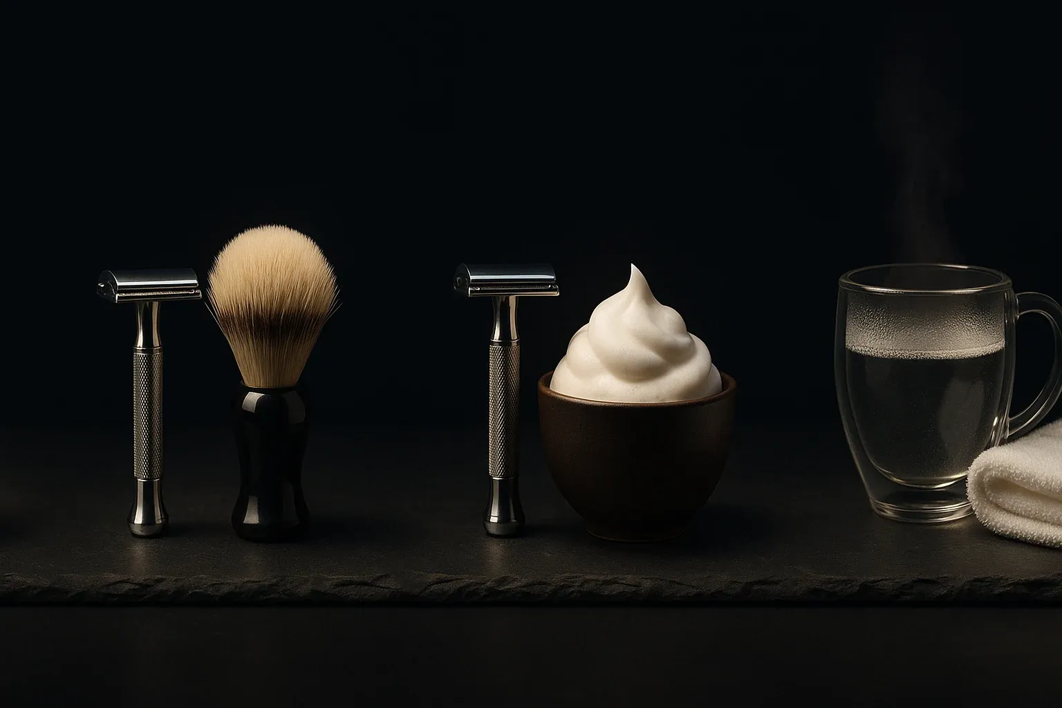 The pieces of a wet shaving routine laid out left to right on dark slate, each in its own pool of light: a safety razor, a shaving brush, a second razor beside a bowl piled with lather, and a steaming glass of hot water with a folded towel