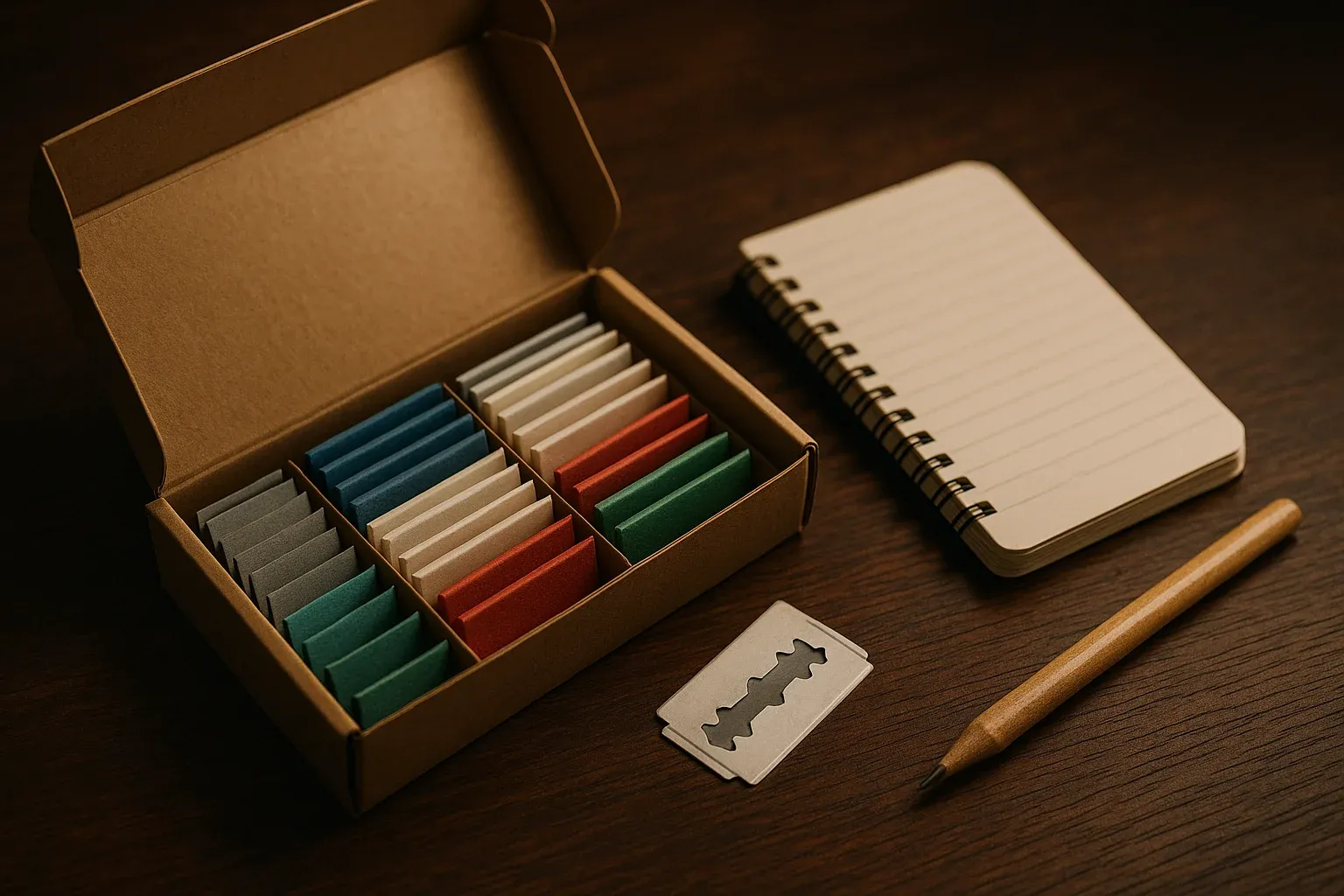 An open sampler box of assorted double edge blades in different colored paper wrappers arranged on a dark counter.