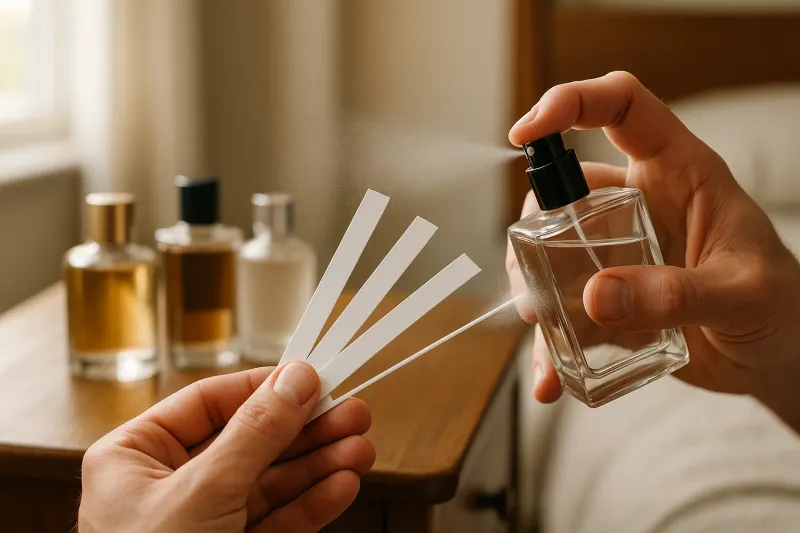 One hand spraying cologne from a glass atomizer onto paper blotter strips held by the other hand, with bottles blurred in the background.