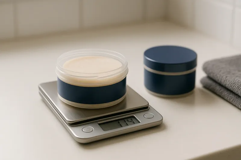An open tub of shaving soap sitting on a small digital kitchen scale on a bathroom counter, with a second closed tub beside it.