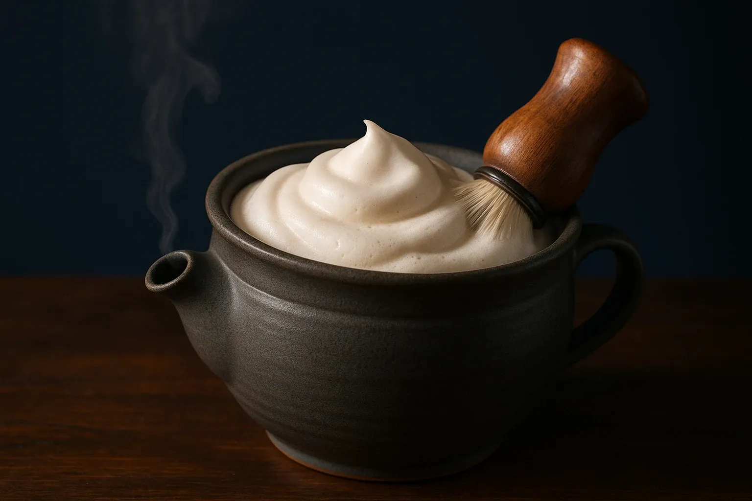 A double-walled ceramic scuttle with steam rising from its spout beside a mound of dense white lather in its top bowl, warm side light on a dark wooden counter