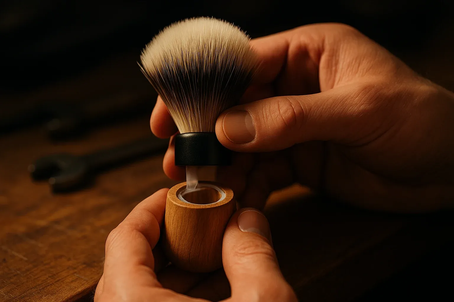 A hand lowering a synthetic shaving brush knot into a wooden handle whose socket holds a ring of clear sealant, on a workbench under warm light