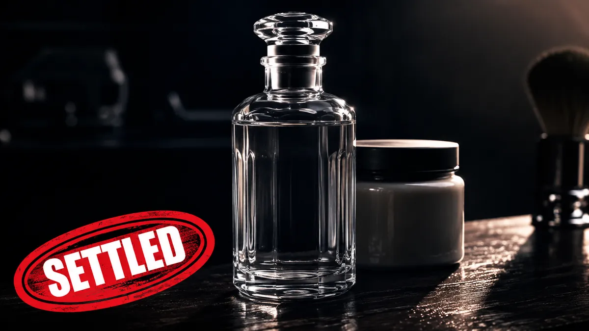 A clear glass aftershave splash bottle in primary focus next to a sealed ceramic balm jar on a dark wood counter, a bright red SETTLED stamp in the lower-left corner