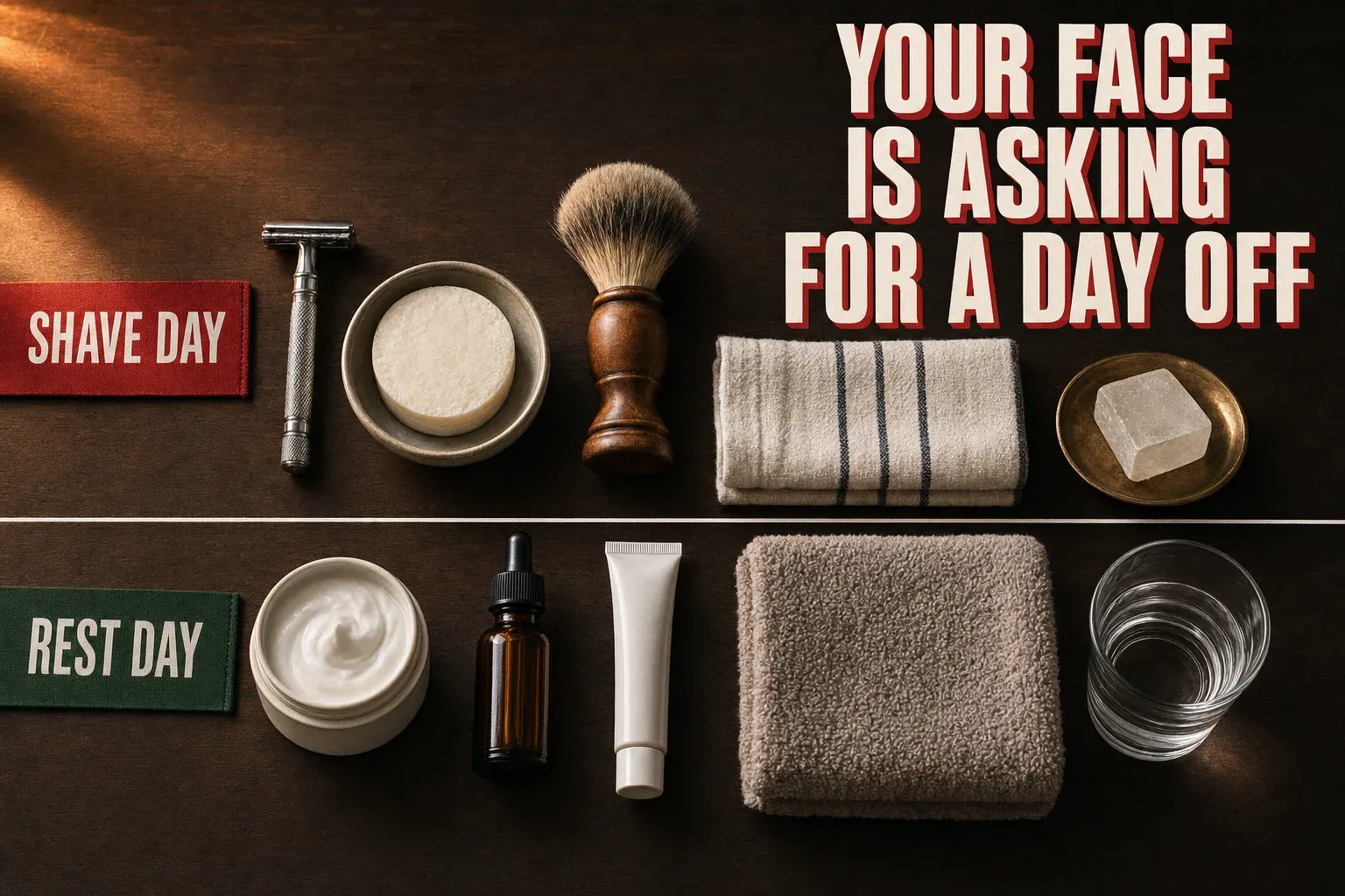 Overhead editorial diptych flatlay on a dark walnut counter under warm side-light. Top row tagged SHAVE DAY on a red banner: chrome DE safety razor, puck of shaving soap in a small ceramic bowl, badger brush with a turned wood handle, folded striped hot towel, alum block on a brass dish. Bottom row tagged REST DAY on a green banner: plain ceramic tub of ceramide moisturizer, small amber bottle of niacinamide serum, slim tube of occlusive ointment, soft folded terry hand towel, small clear glass of water. Bold white block-letter headline in the upper right reading YOUR FACE IS ASKING FOR A DAY OFF, stacked across three lines with a hard red drop shadow.