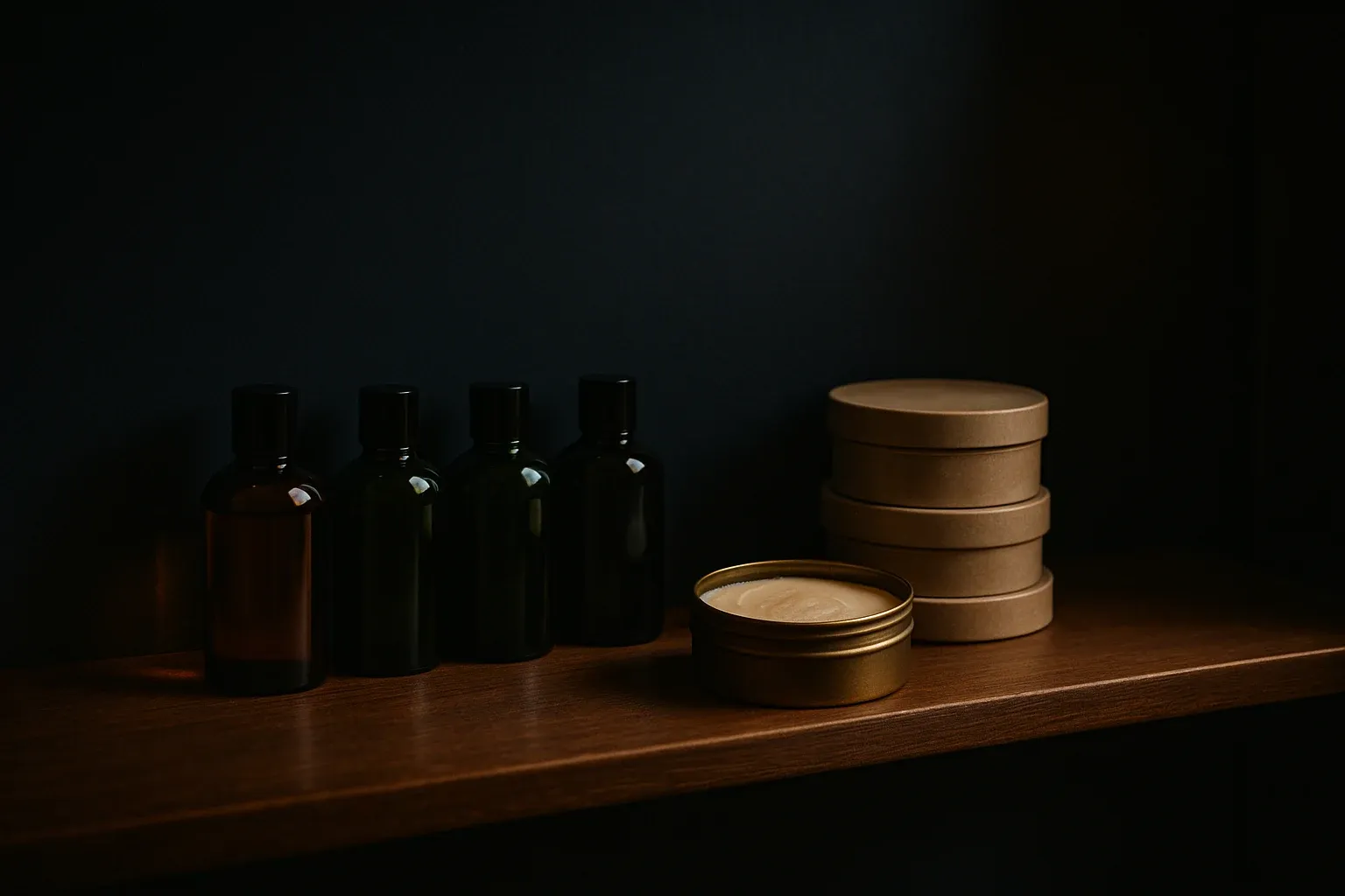 A wooden den shelf holding a row of unlabeled fragrance bottles in amber, green, and black glass beside a stack of shaving soap tubs, moody navy background with warm accent light
