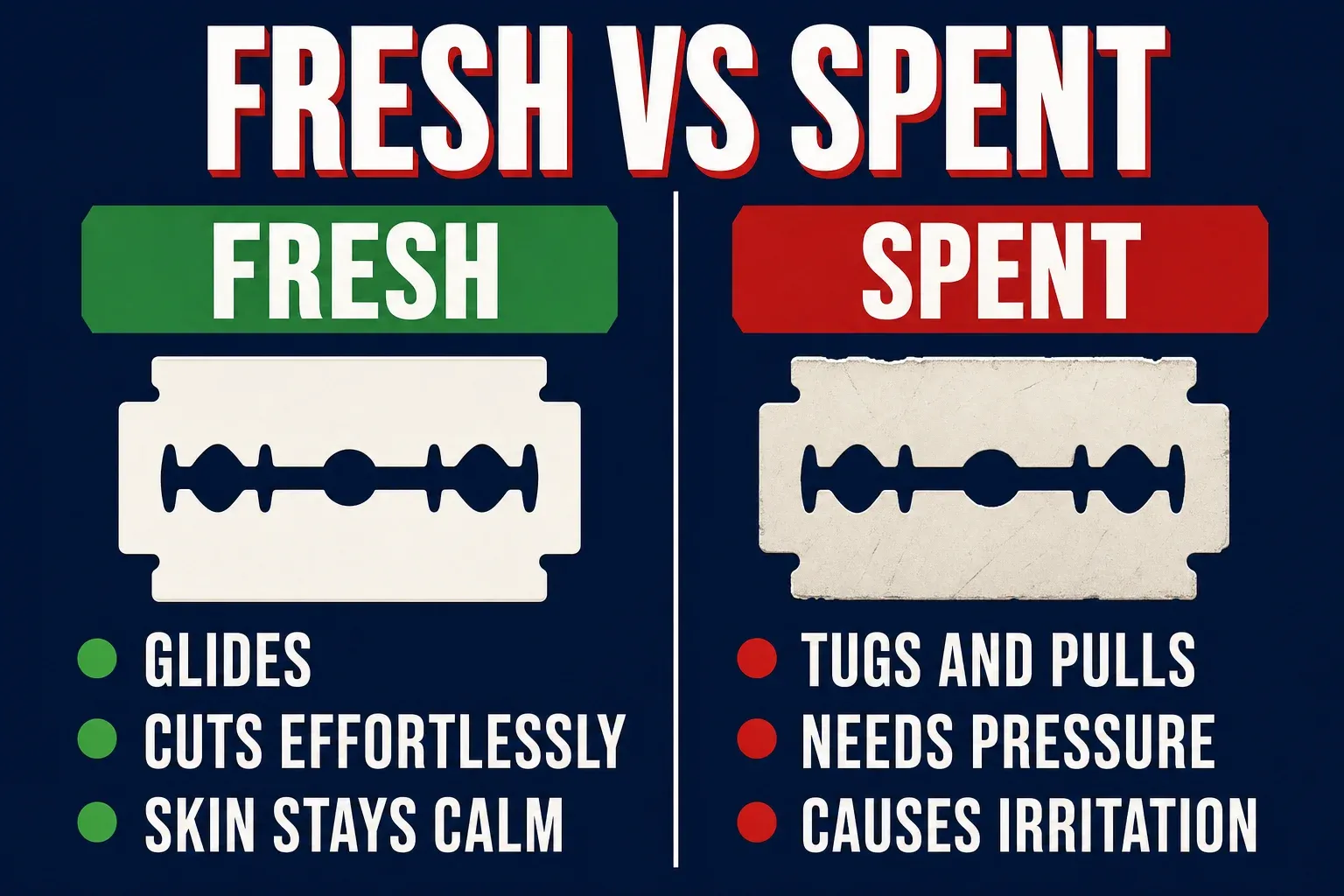 A two-panel comparison infographic titled FRESH VS SPENT on a deep navy background, left panel a green header FRESH with lines reading GLIDES, CUTS EFFORTLESSLY, SKIN STAYS CALM, right panel a red header SPENT with lines reading TUGS AND PULLS, NEEDS PRESSURE, CAUSES IRRITATION, a bone-white razor blade icon in each panel, no identifiable face