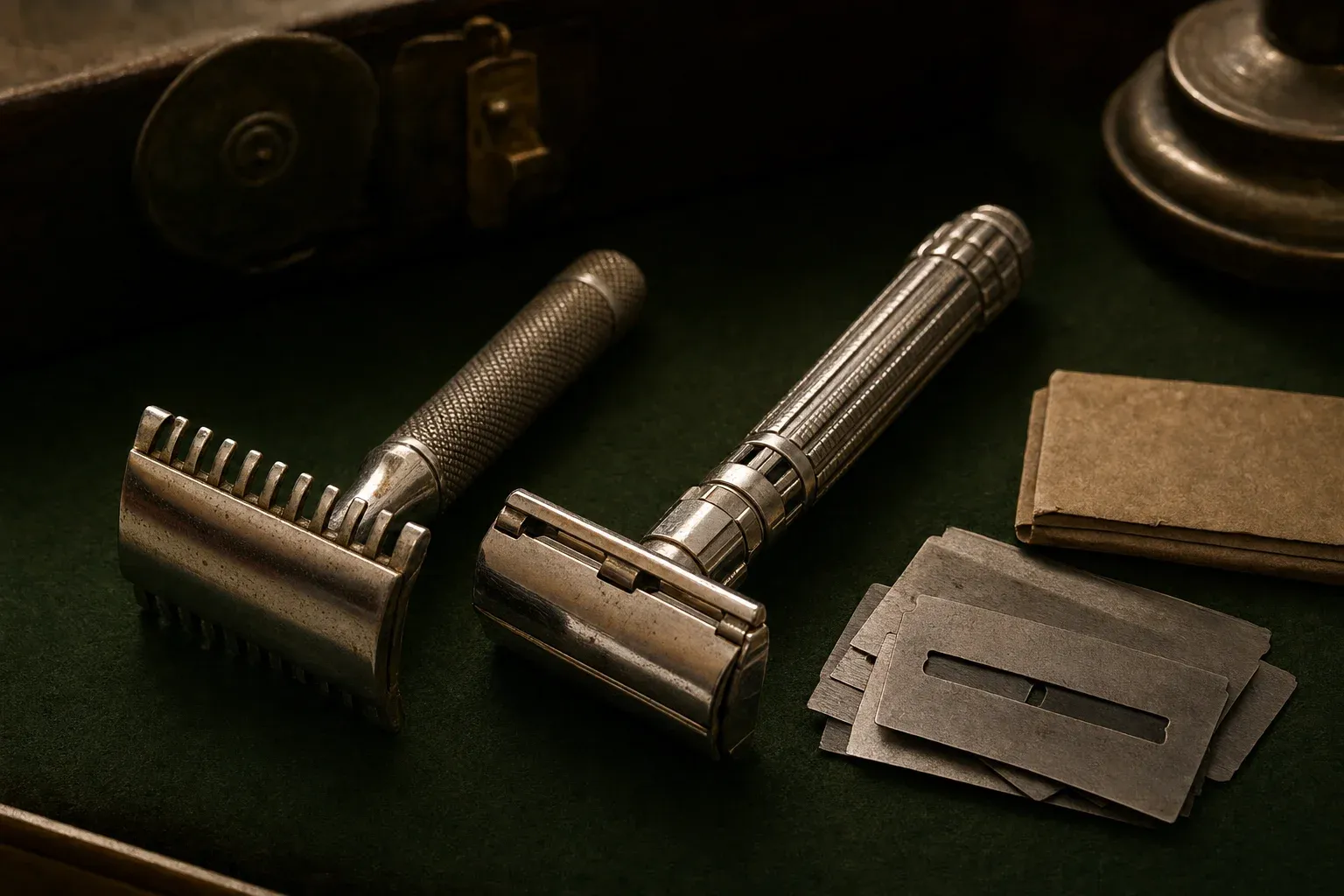 A vintage single-edge safety razor with an open-comb head and a vintage injector razor lying side by side on aged green felt, chrome with patina, with a small stack of single-edge blades and a paper wrapper beside them under warm museum lighting