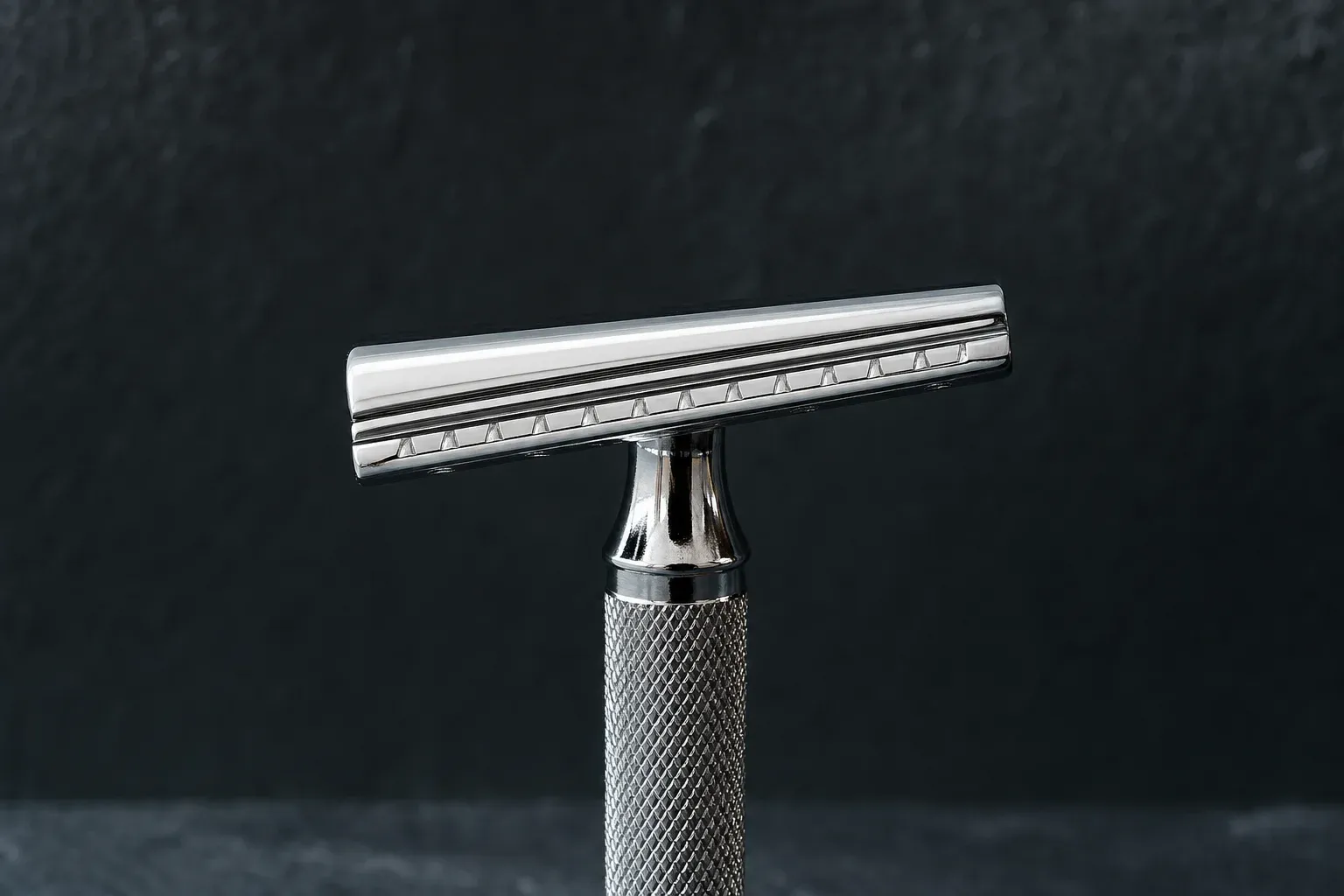 Photograph of a slant-bar double-edge razor standing against dark slate, the whole clamped head set at a subtle diagonal so the blade edge runs at an angle across the face of the razor, scalloped safety bar and knurled handle