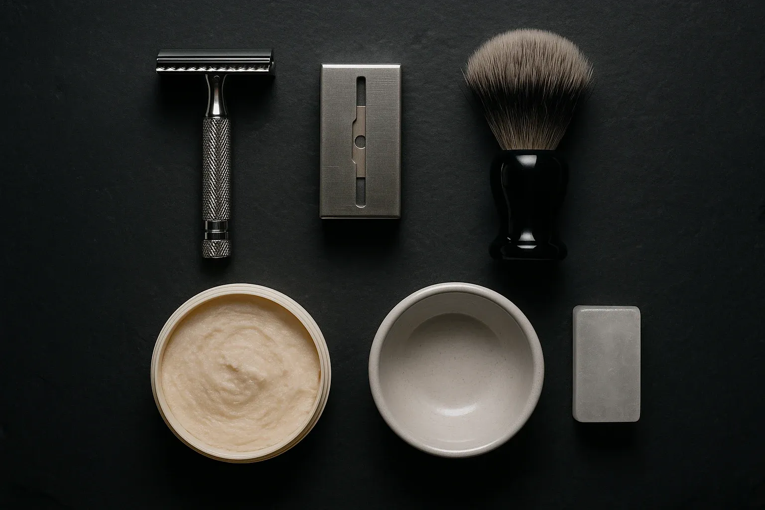 Overhead view of a wet shaving starter kit arranged in a neat grid on dark slate with a razor, blade dispenser, synthetic brush, soap tub, small lather bowl, and alum block