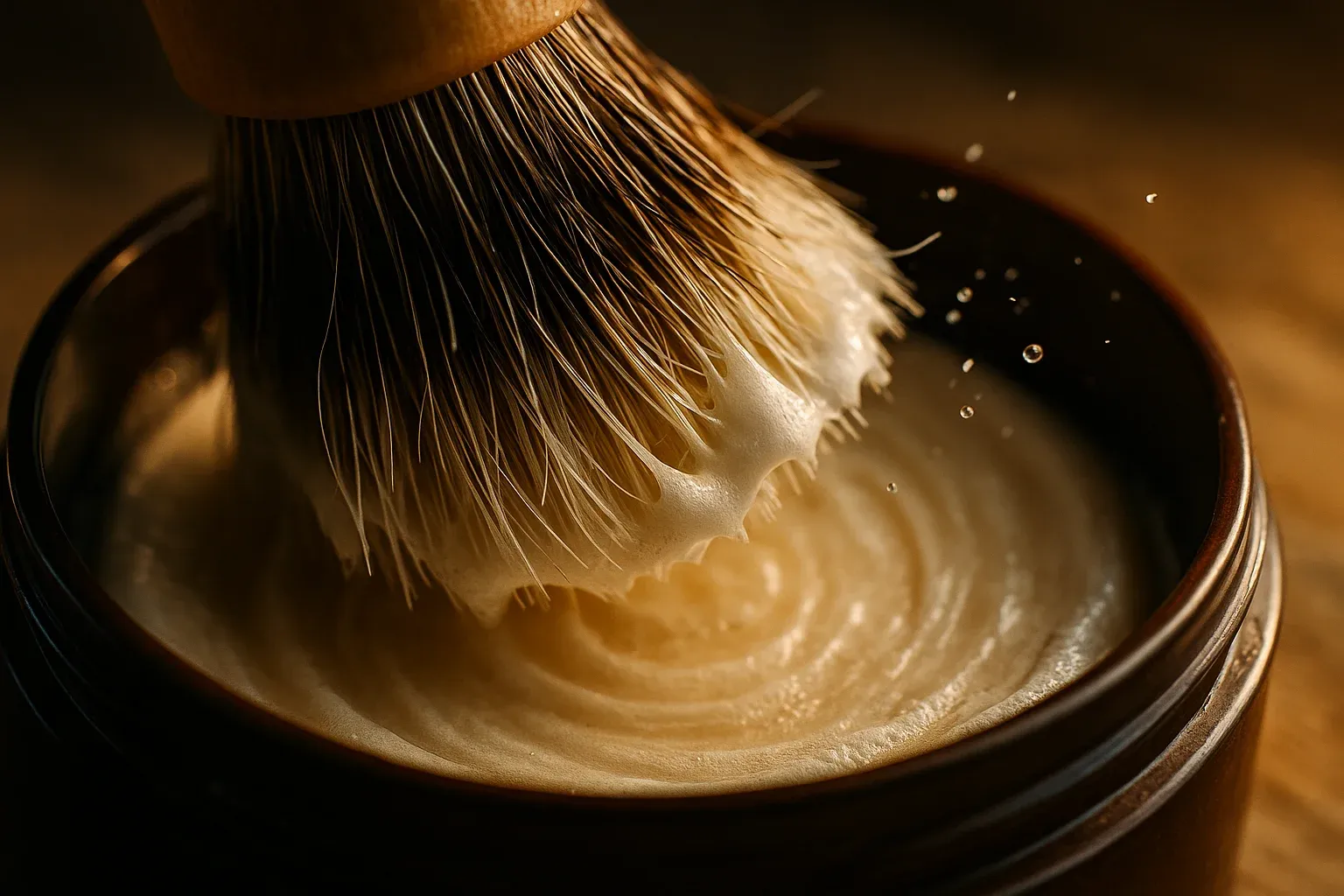 Macro of a boar brush swirling on a soap puck, proto lather building in the bristles with droplets at the edge.