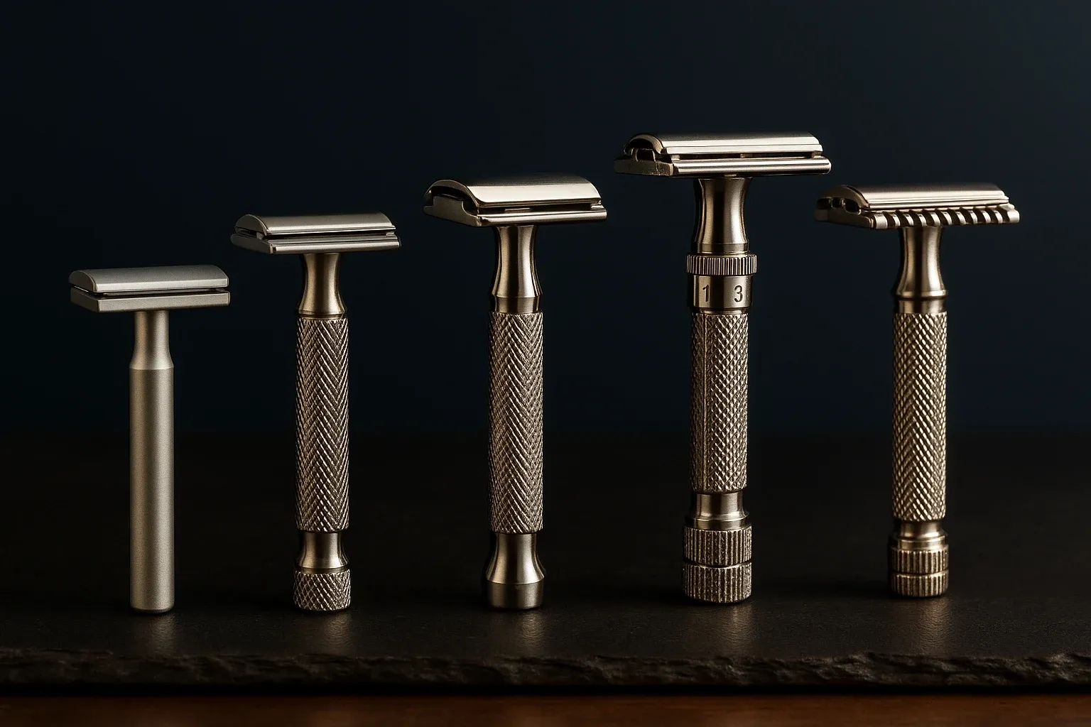 Five safety razors standing in a row on dark slate from mild to aggressive, lit with warm side light, the leftmost small and modern, the rightmost a heavier open comb design