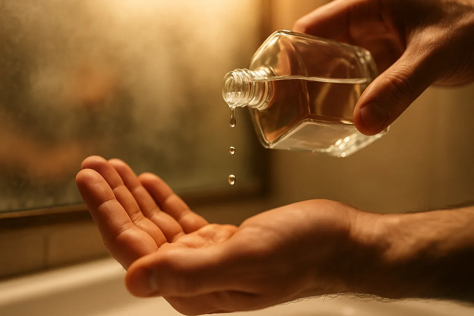 A clear aftershave bottle tipped over an open palm with drops mid fall over a sink, steamy mirror behind.