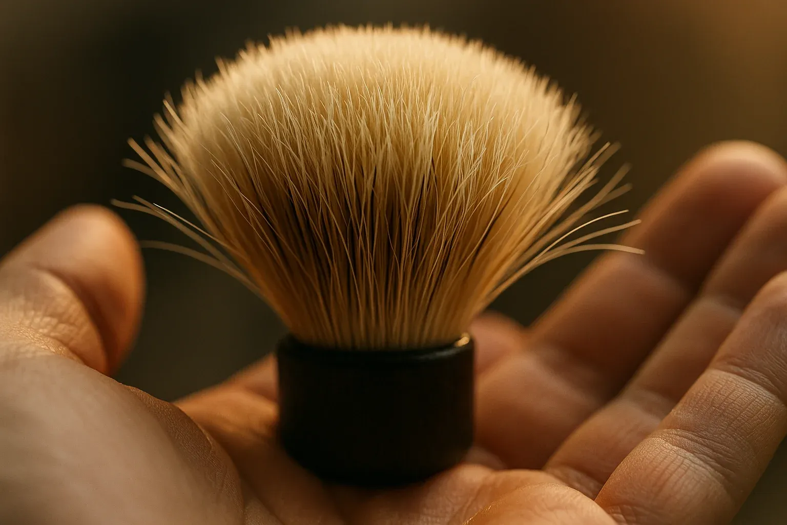 Macro of a boar brush knot pressed against a palm showing the bristles splaying outward with split soft tips catching the light.