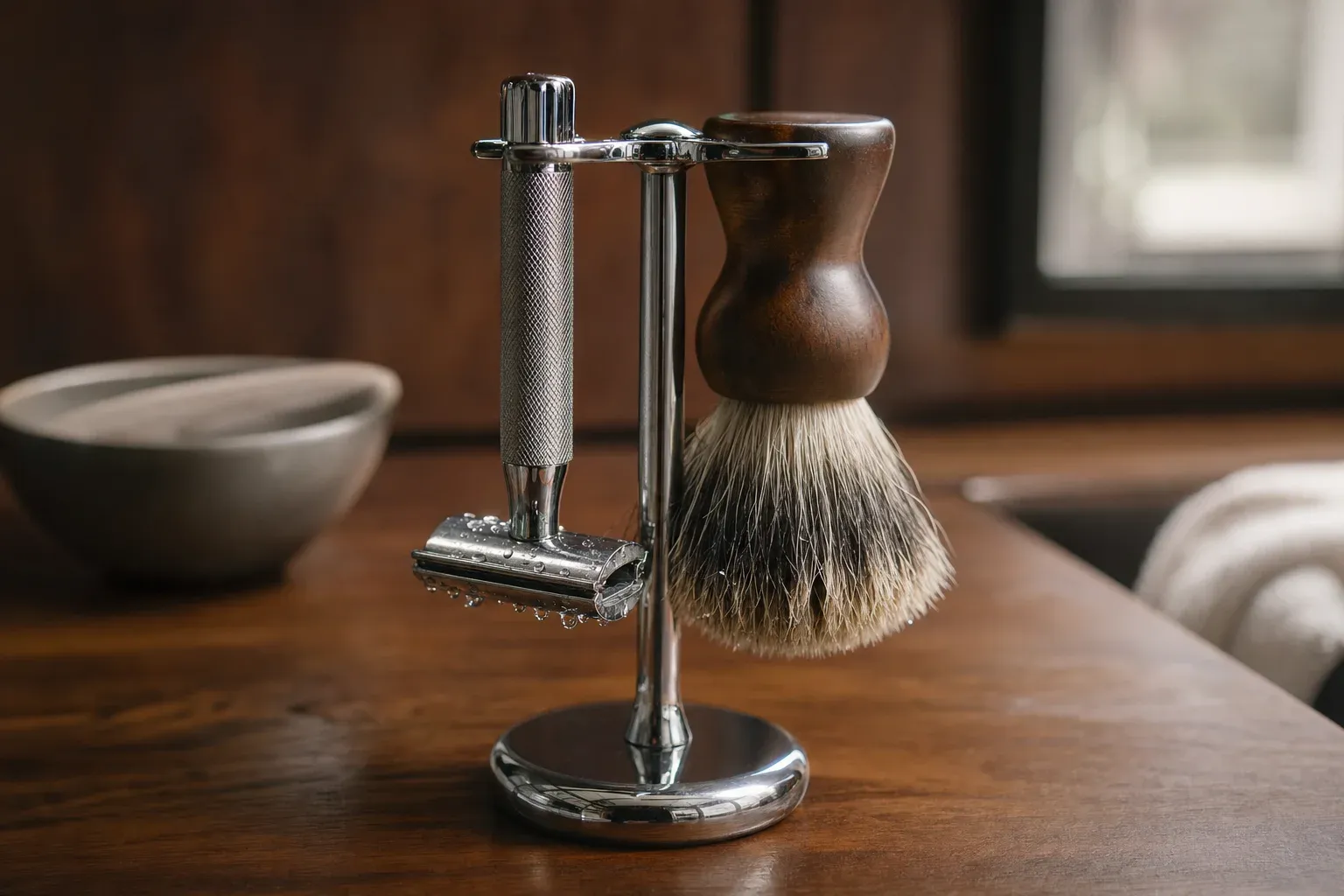 A chrome shaving stand on a walnut counter holding a double-edge razor head-down with water droplets still on it and a wooden-handled badger brush hanging bristles-down beside it, both drying in open air