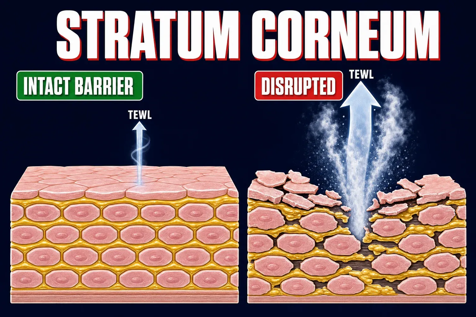 Two-frame cross-section diagram titled STRATUM CORNEUM. Left frame labeled INTACT BARRIER on a green banner shows stacked pink hexagonal corneocyte cells glued together by continuous amber-yellow lipid mortar, with a thin arrow labeled TEWL indicating slow steady water loss out of the surface. Right frame labeled DISRUPTED on a red banner shows the same cross-section with the top corneocytes scraped away and the lipid mortar broken, with a much larger arrow labeled TEWL indicating rapid water loss.