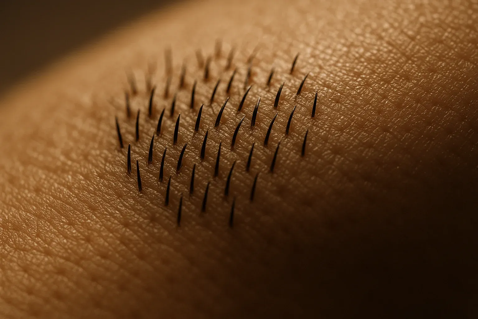 Macro photograph of short dark stubble on skin in raking side light, showing blunt cut hair tips.