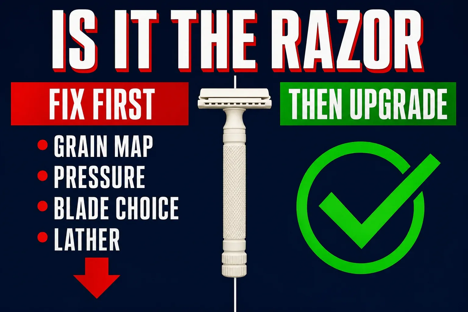 Two-panel decision infographic titled IS IT THE RAZOR on a deep navy background, left panel a red banner reading FIX FIRST listing grain map, pressure, blade choice, and lather with a red down arrow, right panel a green banner reading THEN UPGRADE with a green checkmark, a bone-white safety razor silhouette between the panels, no identifiable face