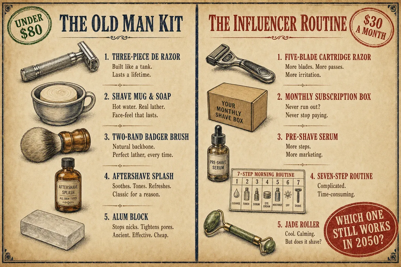 Editorial comparison chart in sepia and navy tones on warm parchment background, split into two vertical columns divided by a large vertical navy divider. Left column headed THE OLD MAN KIT in bold navy serif capitals with a green stamp badge in the upper-left reading UNDER $80, showing five stacked line-drawn icons of a chrome three-piece DE razor, a ceramic shave mug with a puck, a two-band badger brush, an amber aftershave bottle, and a rectangular alum block. Right column headed THE INFLUENCER ROUTINE in bold red serif capitals with a red stamp badge in the upper-right reading $30 A MONTH, showing five stacked line-drawn icons of a five-blade cartridge razor, a subscription box, a pre-shave serum bottle, a numbered seven-step morning routine chart, and a small jade roller. A red rubber-stamp oval badge in the lower-right corner reads WHICH ONE STILL WORKS IN 2050 in white capitals.