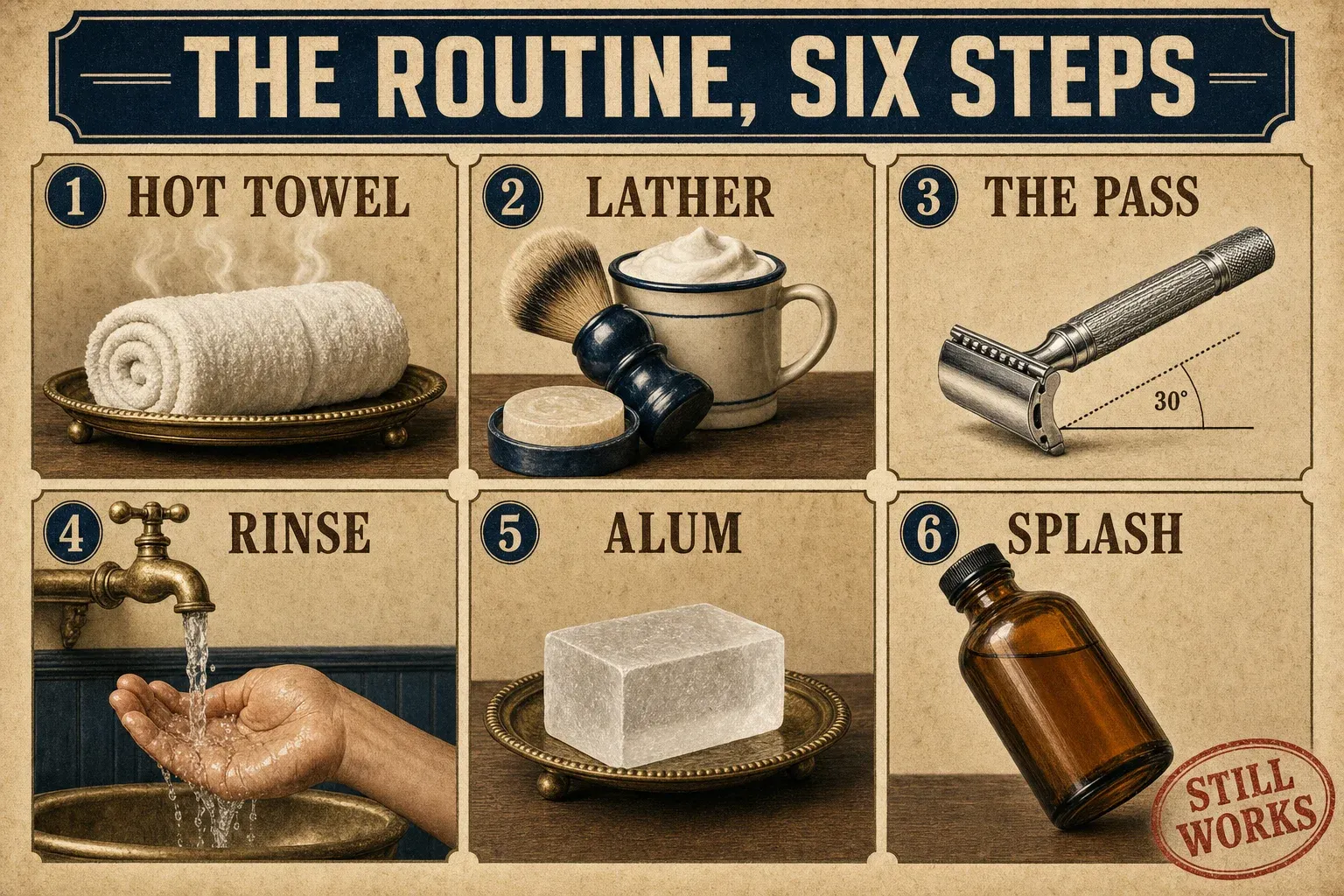 Editorial numbered instructional infographic in sepia and navy tones on warm parchment background, showing six numbered vertical panels arranged in two rows of three, each depicting one step of the classic barbershop shave with a large sepia serif label. Panel 1 HOT TOWEL shows a rolled steaming towel on a brass tray. Panel 2 LATHER shows a mug and brush over a shaving puck. Panel 3 THE PASS shows a chrome three-piece DE razor angled at 30 degrees. Panel 4 RINSE shows a cupped hand under a running tap. Panel 5 ALUM shows a rectangular alum block on a small dish. Panel 6 SPLASH shows an unlabeled amber aftershave bottle tilted toward the viewer. A bold navy banner across the top reads THE ROUTINE, SIX STEPS in cream sans-serif capitals, with a red rubber-stamp oval badge in the lower-right corner reading STILL WORKS.